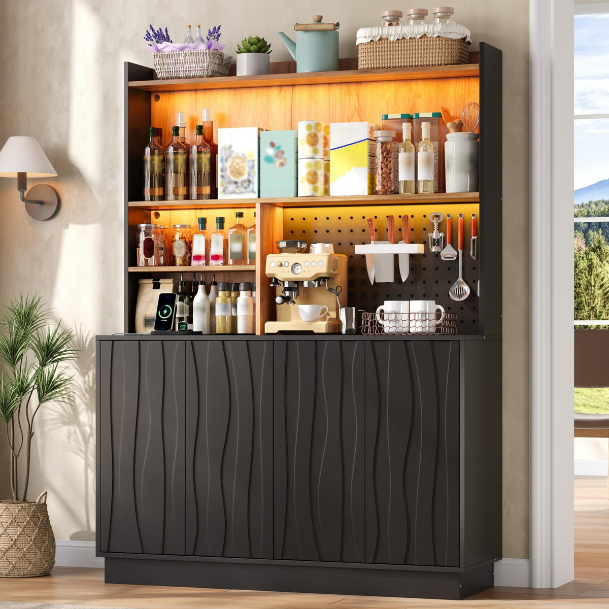 BUFFET DE-38743 120/43/160 cm LED-Beleuchtung und Lochwand Schwarz - Schwarz, Holzwerkstoff (120/160/43cm) - ComfortXL