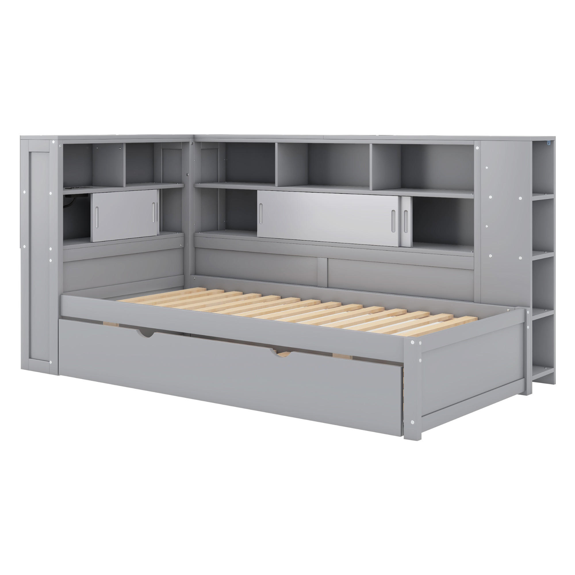 MULTIFUNKTIONSBETT 90/200 cm grau mit Ausziehbett und USB-Ladeanschluss - Grau, Holzwerkstoff (90/200cm) - OKWISH