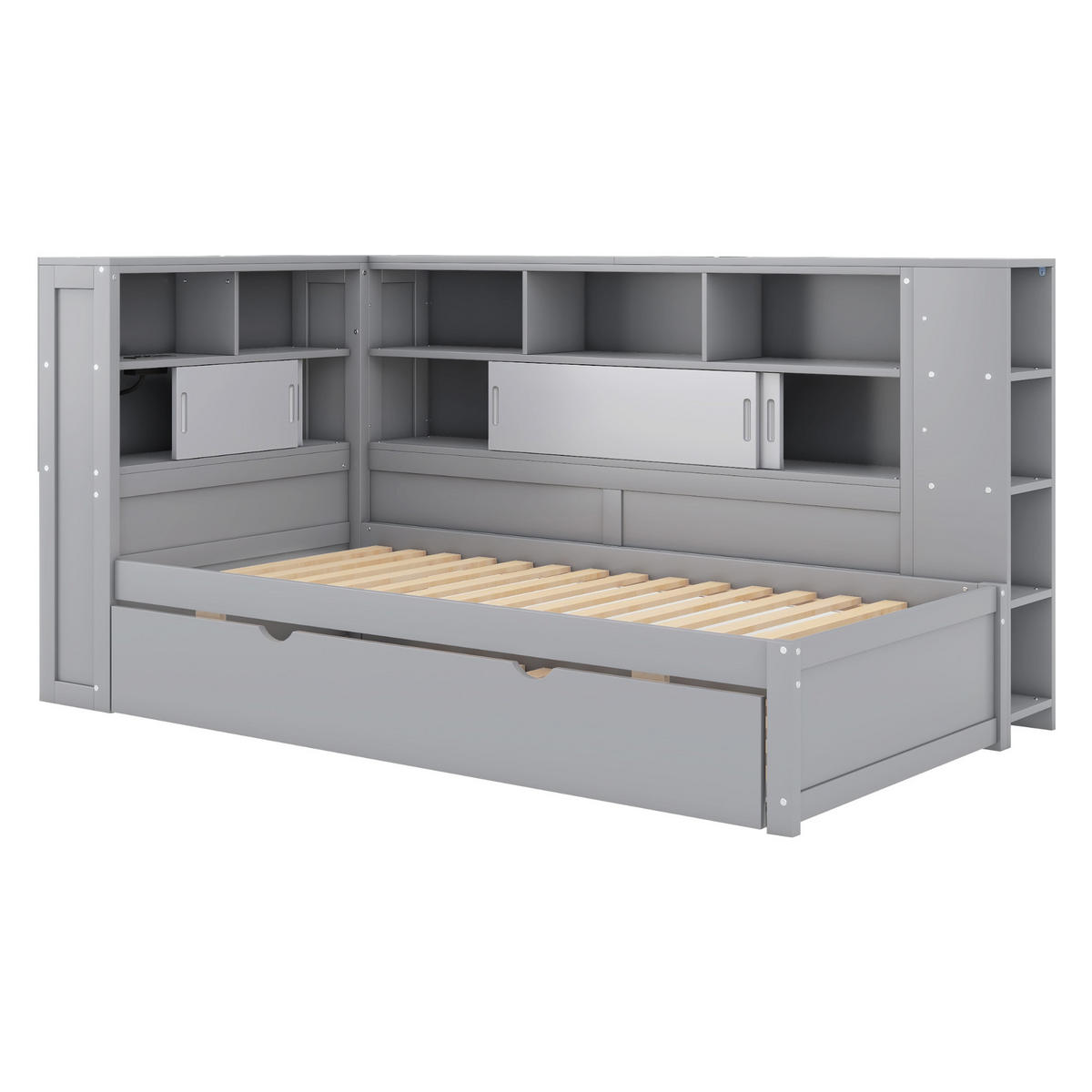 MULTIFUNKTIONSBETT 90/200 cm grau mit Ausziehbett und USB-Ladeanschluss - Grau, Holzwerkstoff (90/200cm) - OKWISH