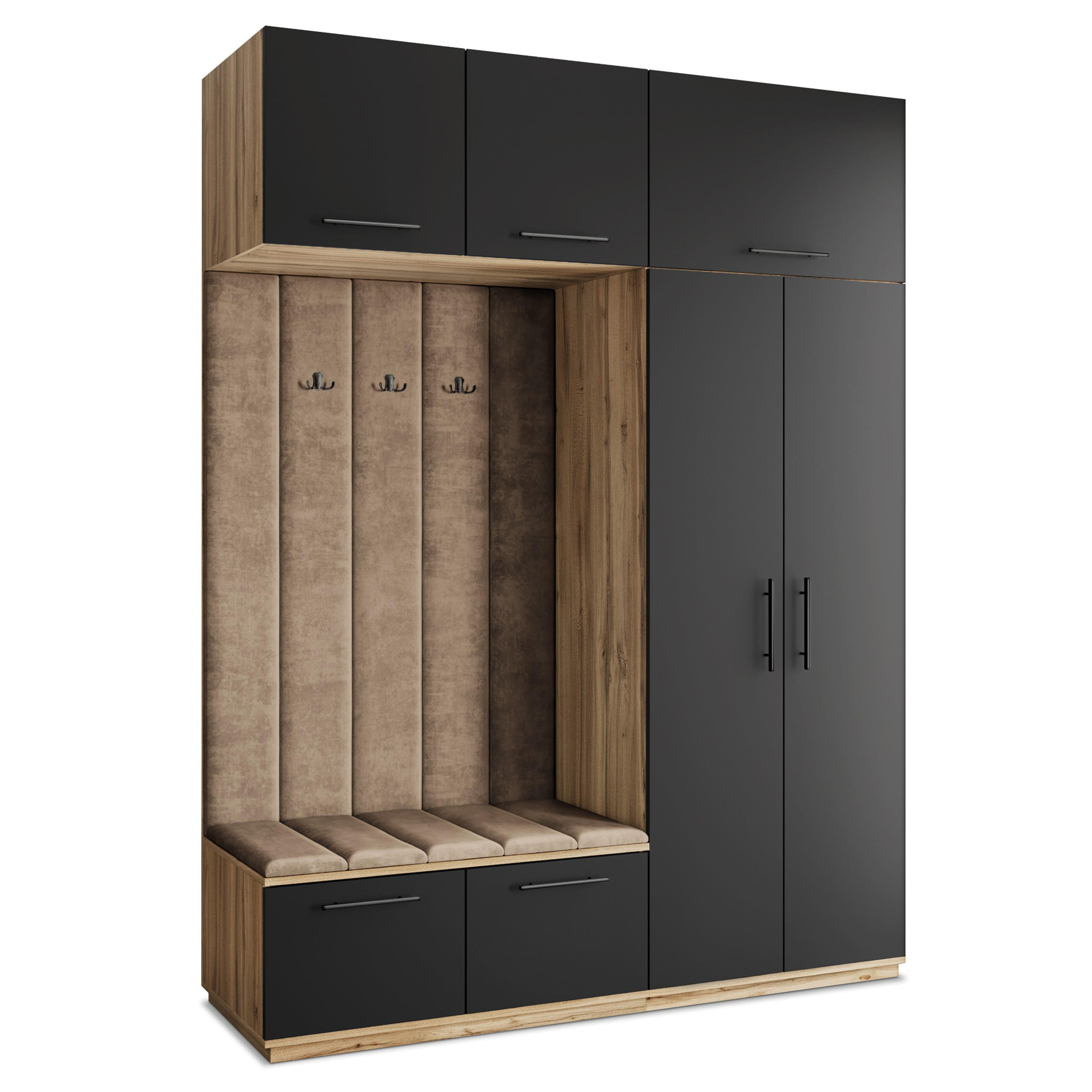 Masseno Garderobenschrank Eiche Wotan, Schwarz, Mokka 180x240x60 cm
