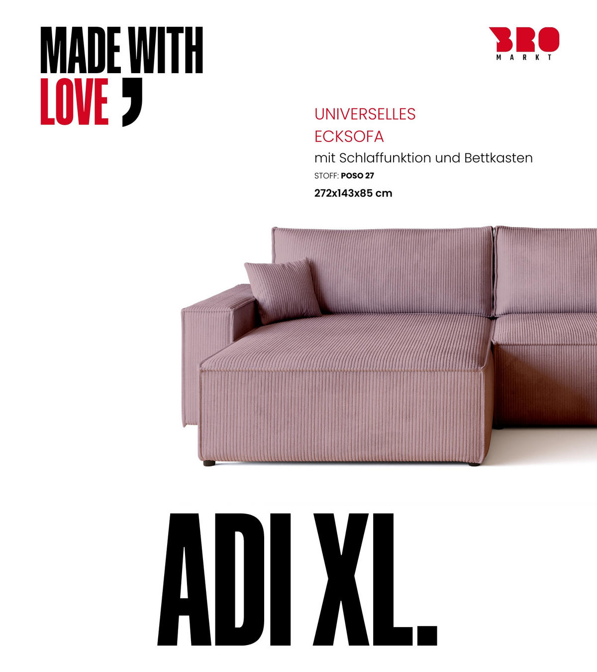 ECKSOFA ADI XL mit Schlaffunktion Puderrosa Cord - Rosa, Textil (272/143cm) - Bromarkt