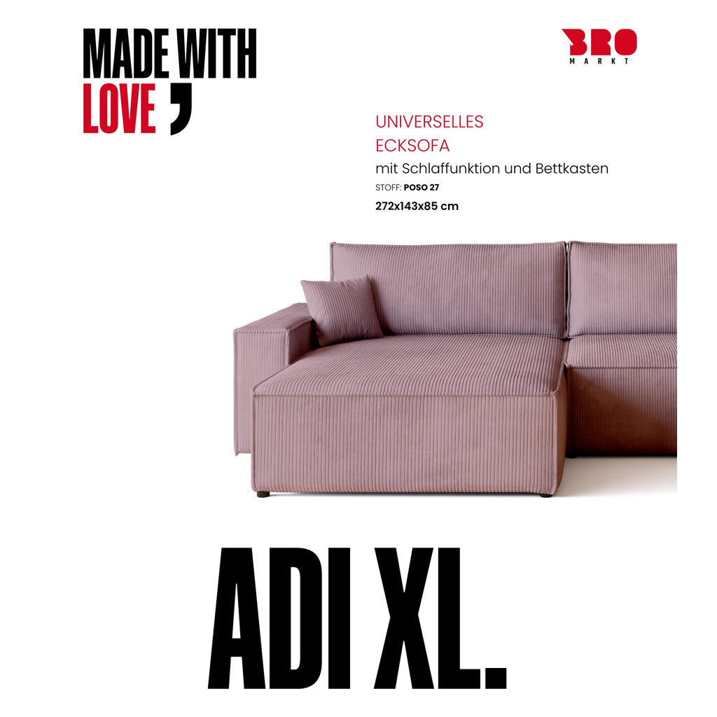 Thumbnail - Bromarkt Ecksofa, Rosa, Textil, 4-Sitzer, L-Form, 272x143 cm, Wohnzimmer, Sofas & Couches, Wohnlandschaften, Ecksofas