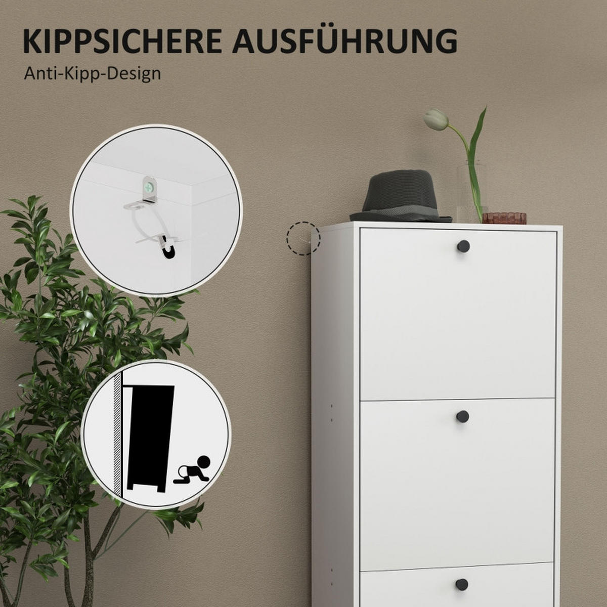 SCHUHSCHRANK mit 3 Klappen 47/28/115 cm, platzsparend in Weiß - Weiß, Holzwerkstoff (47/115/28cm) - BEAOK