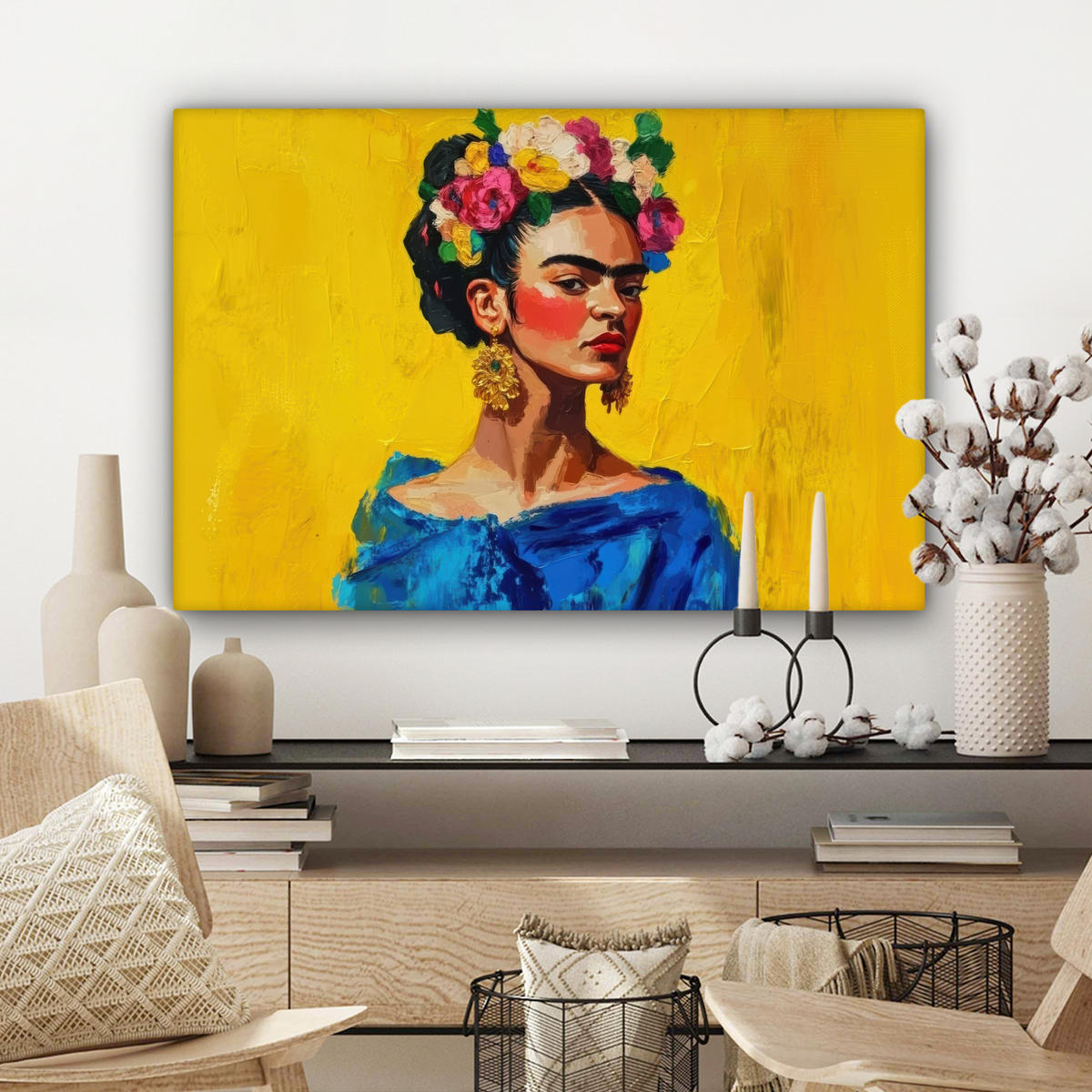 LEINWANDBILD Frida Kahlo - Frau - Gelb - Blau - Blumen Gemälde 60x40 cm - Gelb, Textil (60/40cm) - MuchoWow