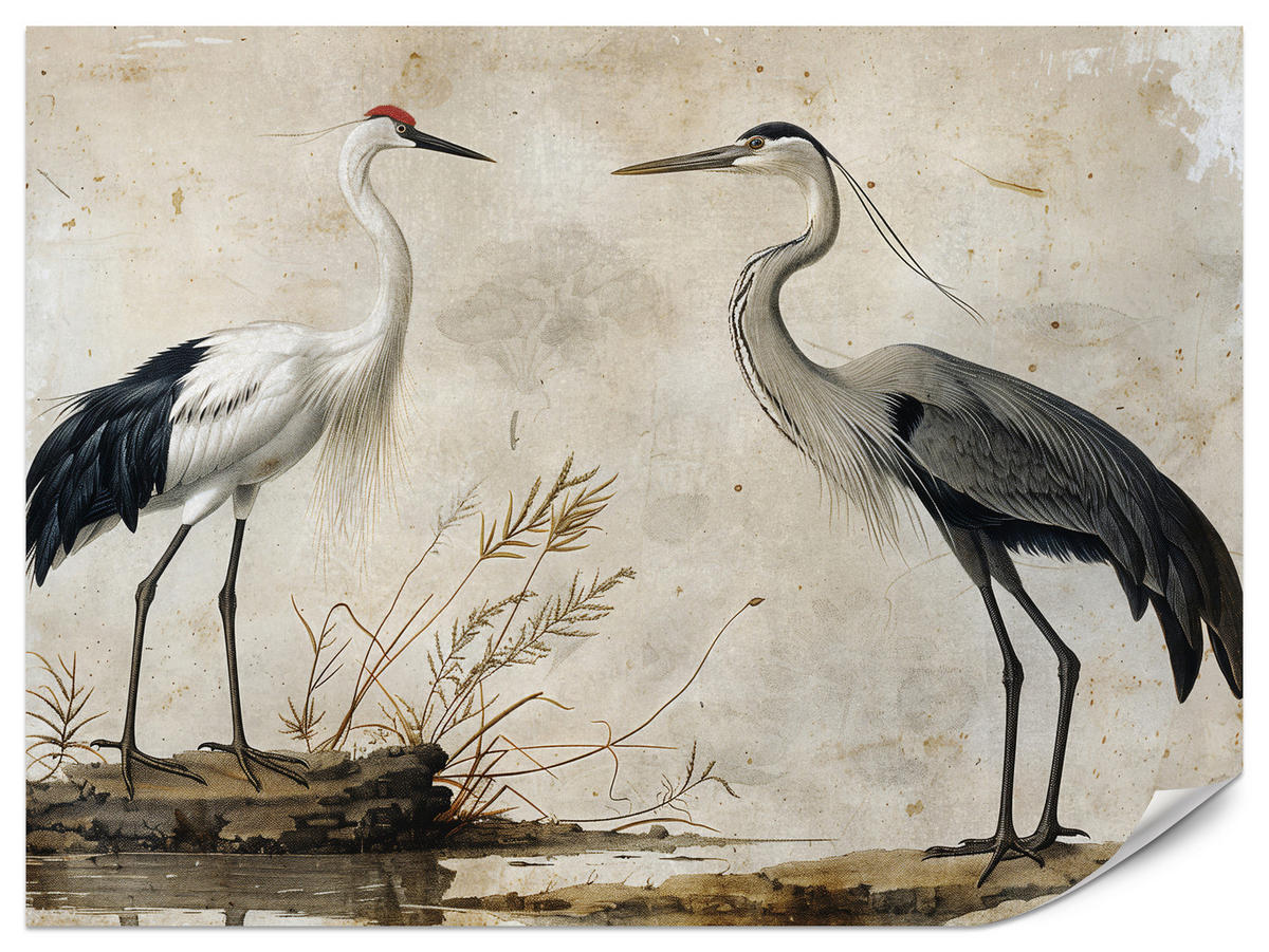 FOTOTAPETE Vögel Vögel Kranich Reiher Retro Stil 200x140 - Beige/Rot, Papier (200/140cm) - Muralo