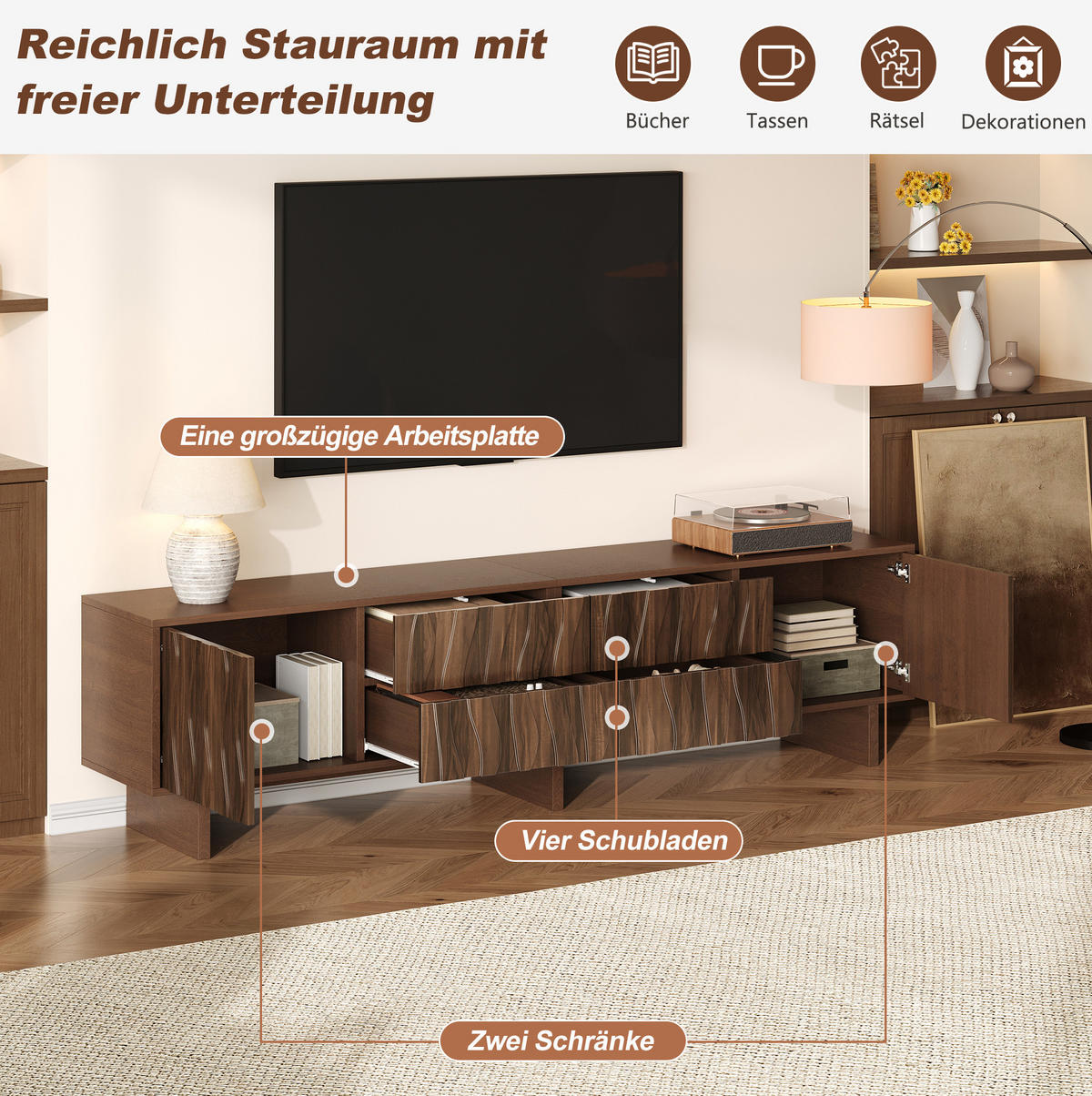 TV-LOWBOARD 180/40/56 cm mit 4 Schubladen und 2 Türen in Wellenoptik aus Spanplatte, Walnuss - Braun, Holzwerkstoff (180/56/40cm) - Redom