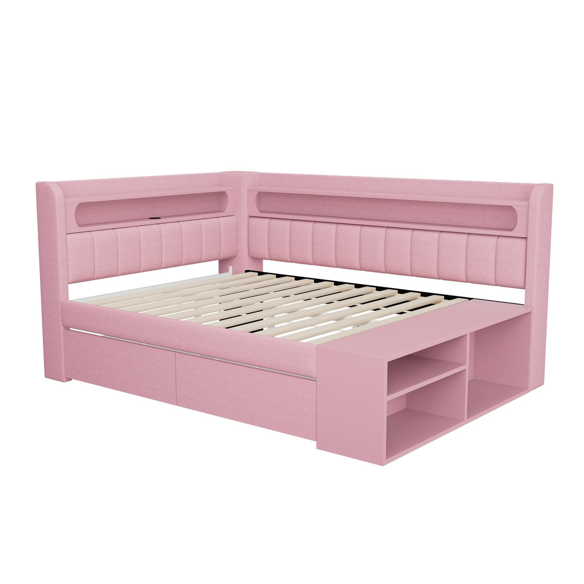 STAURAUMBETT 90/200 cm DE-03405, mit USB, LED, Schuhschrank und zwei Schubladen, in Rosa - Pink, Holzwerkstoff (90/200cm) - ComfortXL