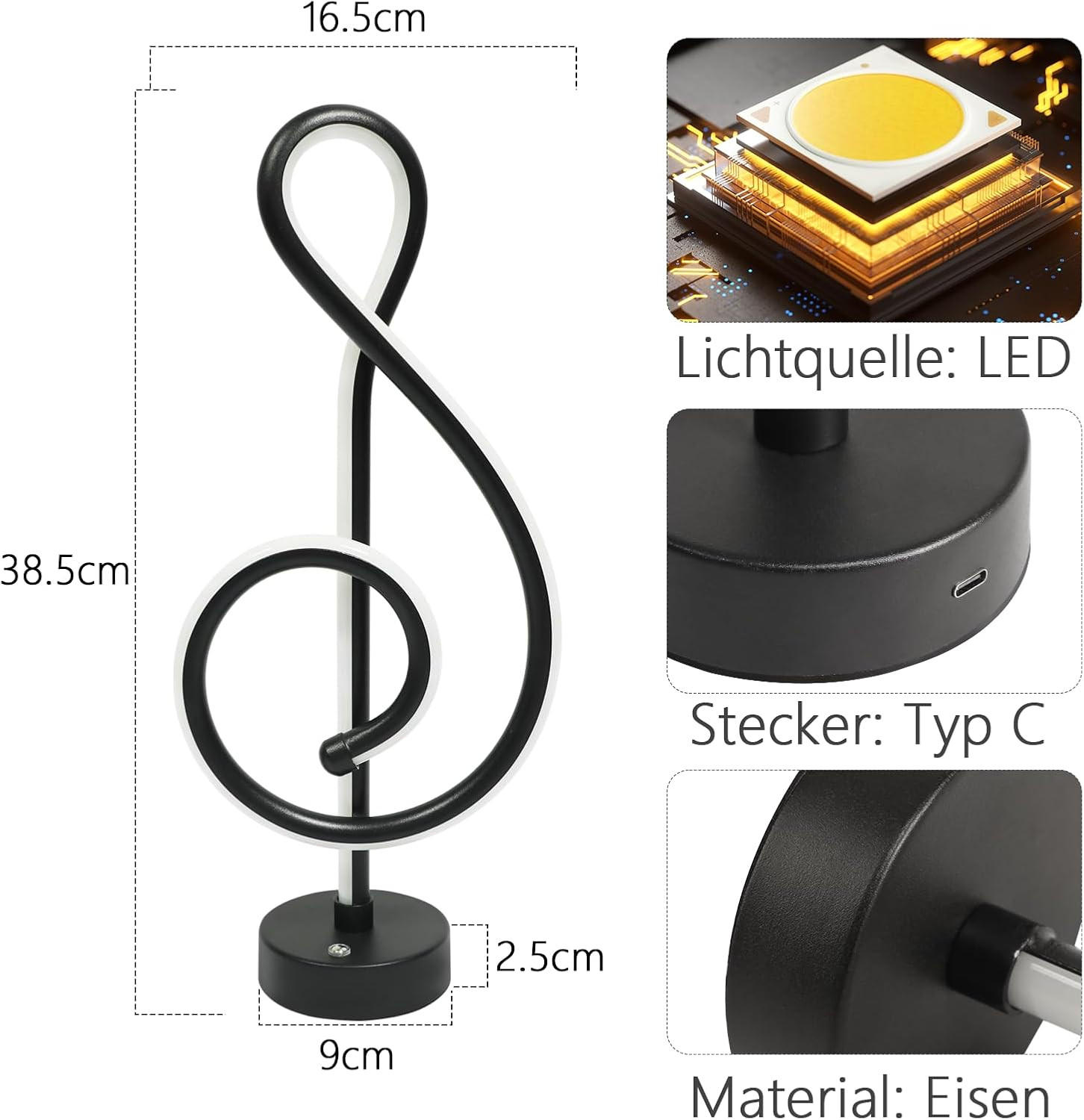 ZMH Tischlampe Schwarz 16.5x2.5x38.5 cm