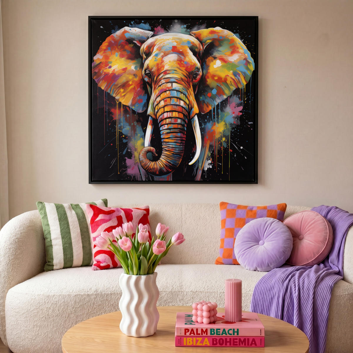 LEINWAND Bilder mit Rahmen - Elefant - Graffiti - Schwarz - Tiere - Farben - 90x90 - Schwarz, Textil (90/90cm) - MuchoWow
