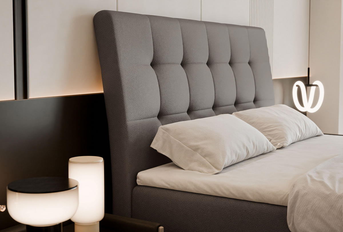 BOXBETT BAILEY 200/200 cm mit Matratze und Topper, Grau - Schwarz/Grau, Textil/Metall (200/200cm) - Idohome