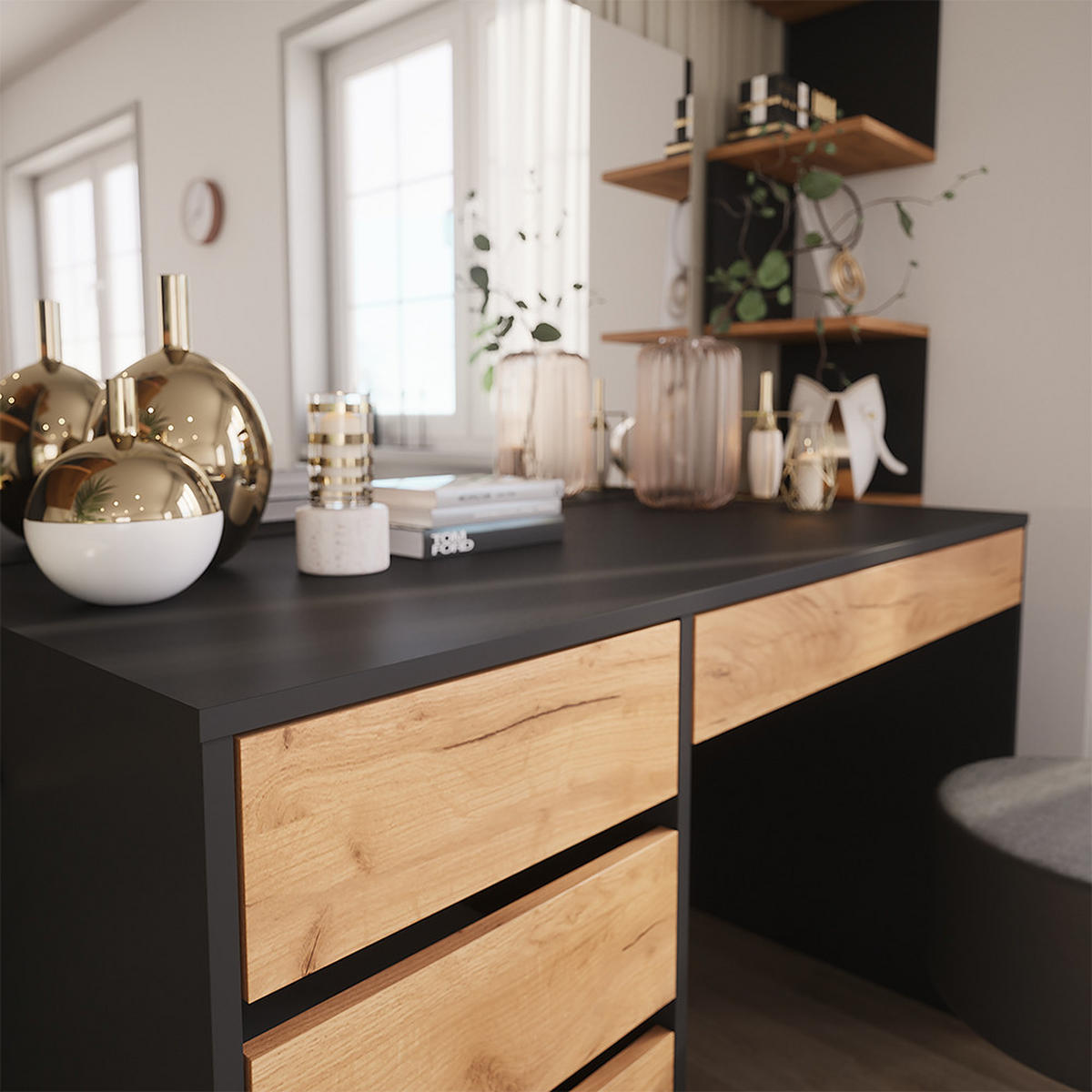 SCHMINKTISCH Sherry Anthrazit 120 x 75 cm mit Spiegel und Hocker - Honigeiche/Anthrazit, Holzwerkstoff (120/75/55cm) - Vicco