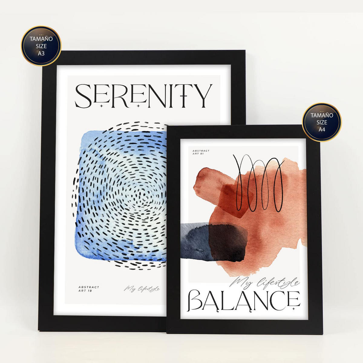 POSTER Set Mit 6 Abstrakte Ruhe Größe A3 & A4 Schwarzer Rahmen - Schwarz, Papier (29.7/1cm) - Nacnic