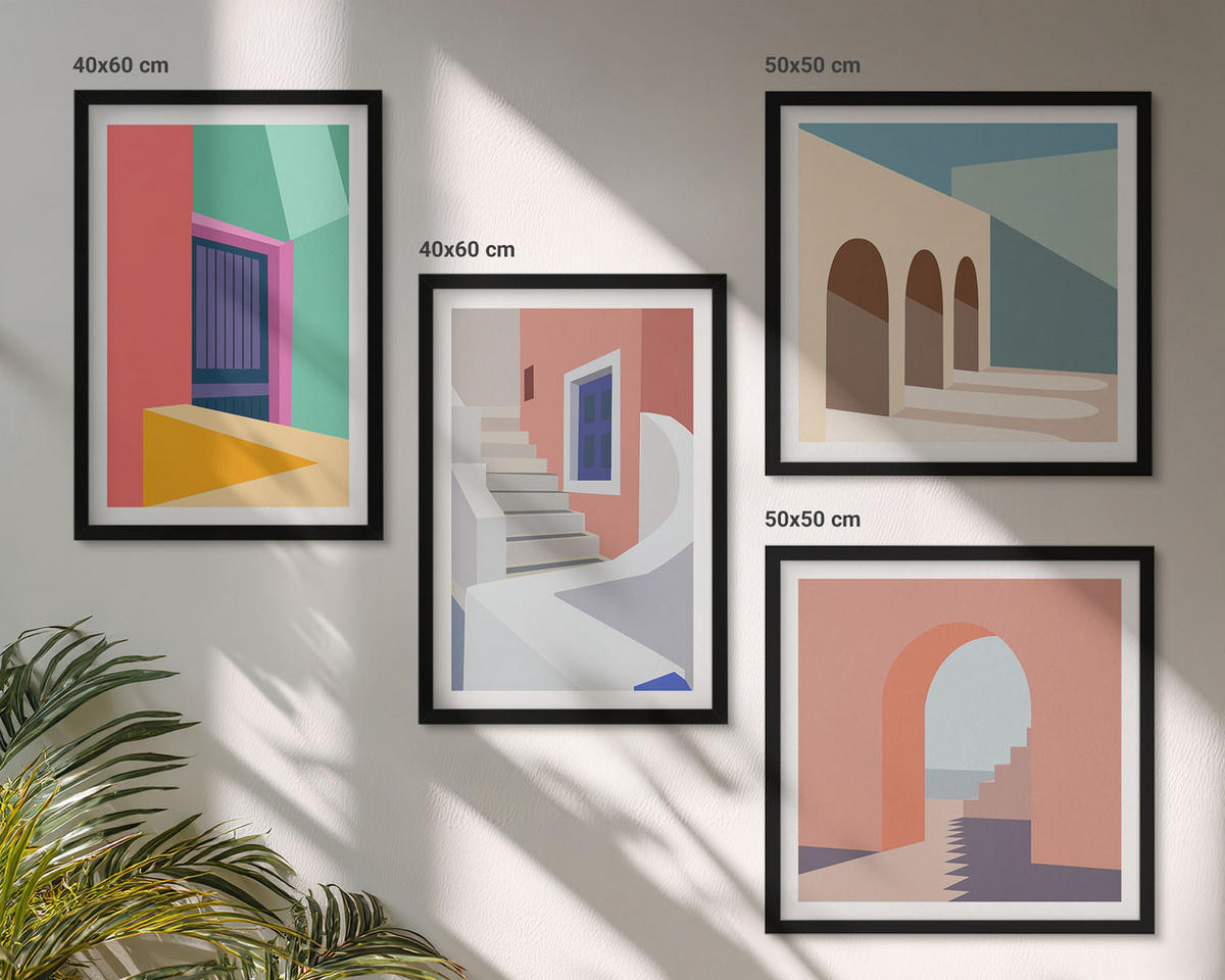 BILDER SET 4er Set - 50x50 cm & 40x60 cm Schwarzer Rahmen - Farbenfrohe moderne Gebäude - Schwarz, Kunststoff (50/50cm) - TULUP