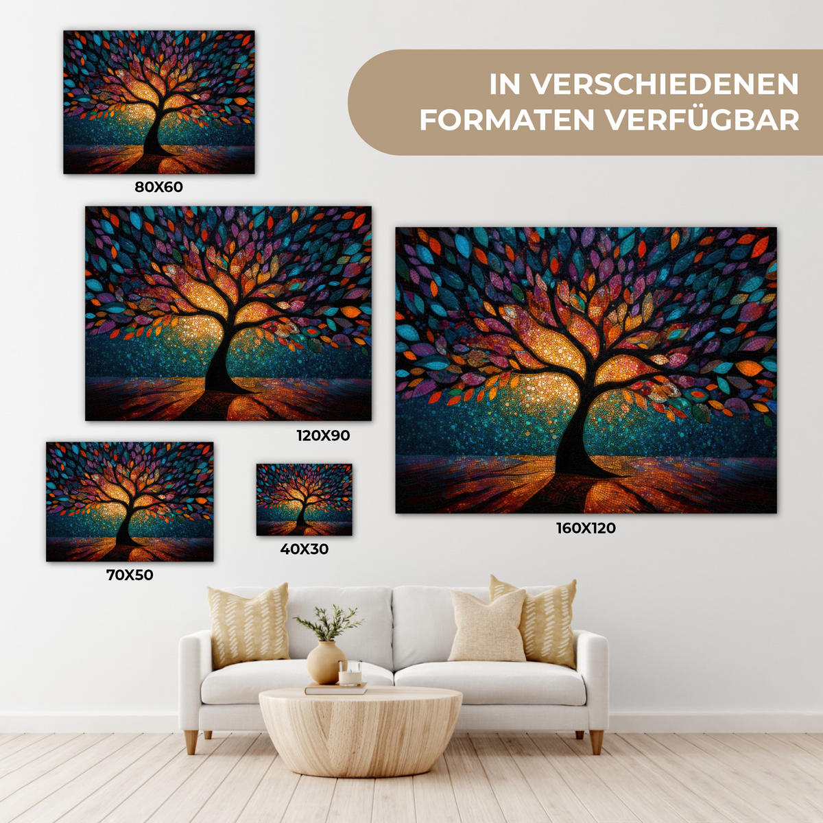 LEINWANDBILD Mosaik - Bunt - Baum - Äste Wandbild 40x30 cm - Multicolor, Textil (40/30cm) - MuchoWow