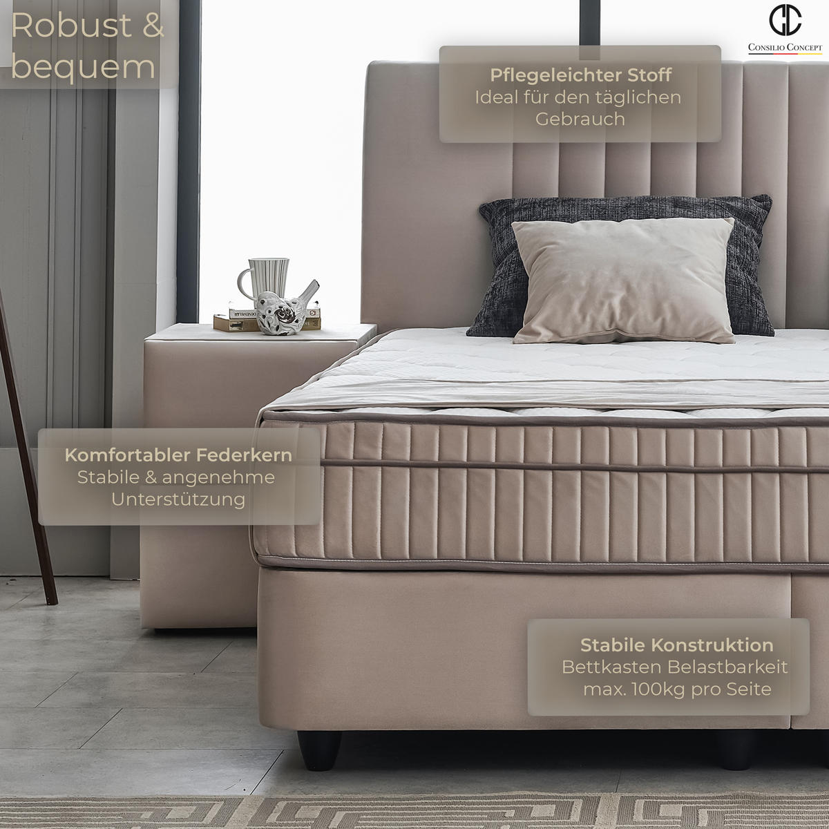 BOXSPRINGBETT MIT BETTKASTEN CARL 140/200 cm, Beige, Bettkasten, Matratze, Topper integriert, H3 mittel 7-Zonen Matratze - Beige/Schwarz, Holz/Kunststoff (140/200cm) - Consilio Concept