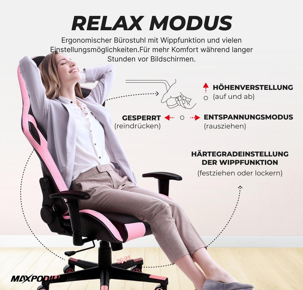GAMING-BÜROSTUHL TACTICAL Schwarz Rosa - Pink/Schwarz, Kunststoff/Metall (55/137/50cm) - MaxPodium