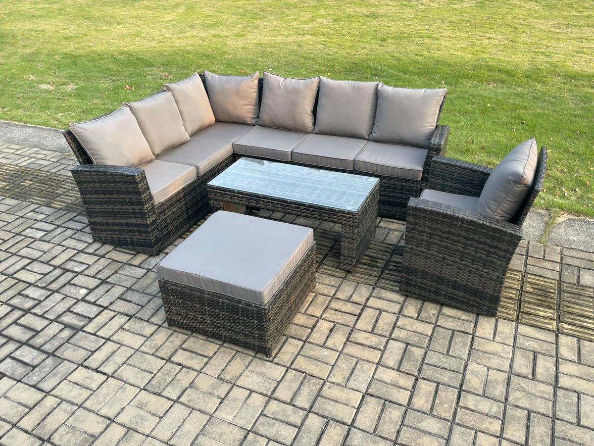 BALKONMÖBEL-SETS mit Ecksofa,Länglicher Couchtisch,Hocker Polyrattan Dunkelgrau 8-Sitzer - Dunkelgrau/Grau, Glas/Kunststoff - Fimous