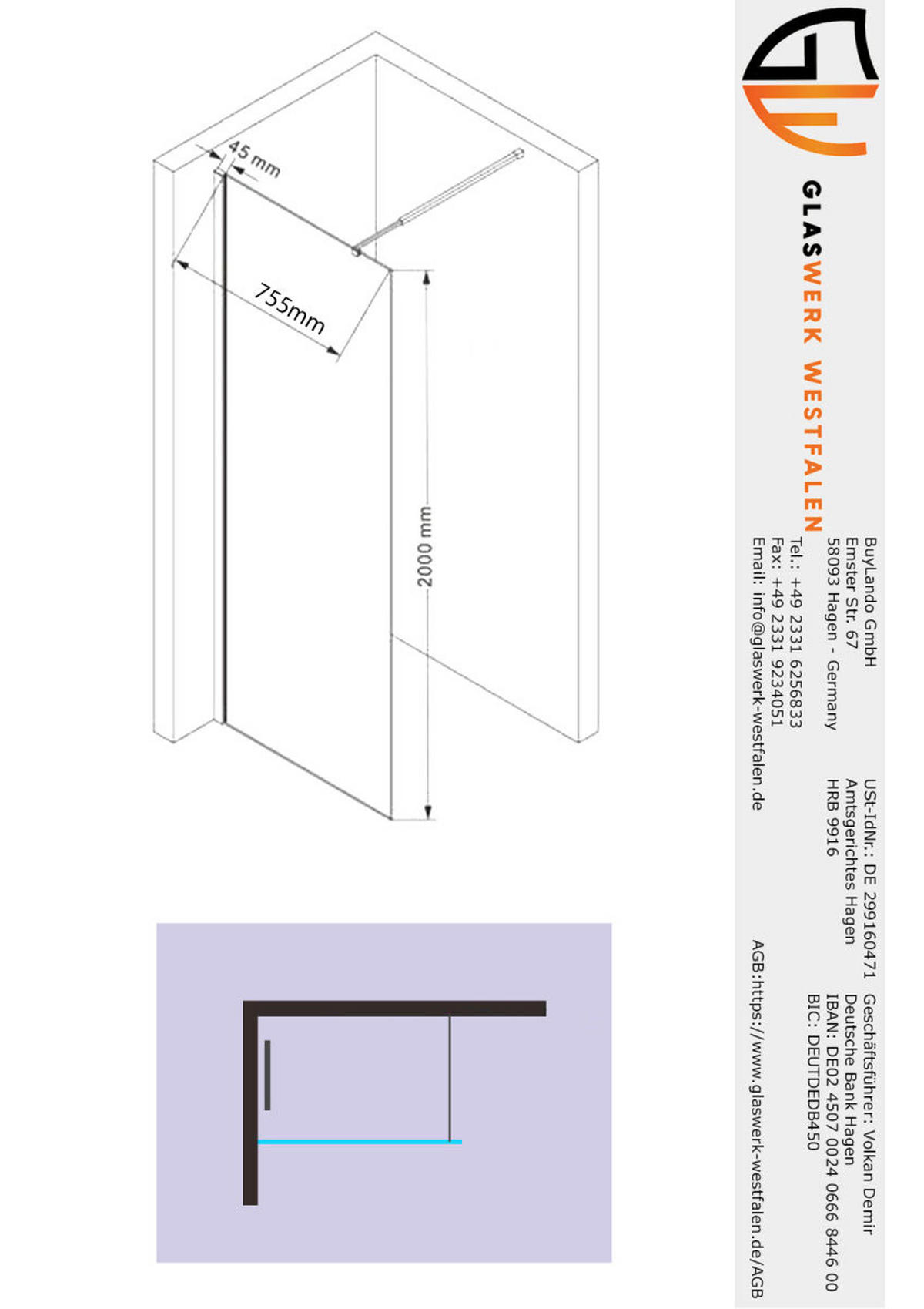 WALK-IN-DUSCHWAND 80 × 200 cm – ESG-Sicherheitsglas – Gold - Goldfarben, Glas (10/80/200cm) -  Glaswerk Westfalen