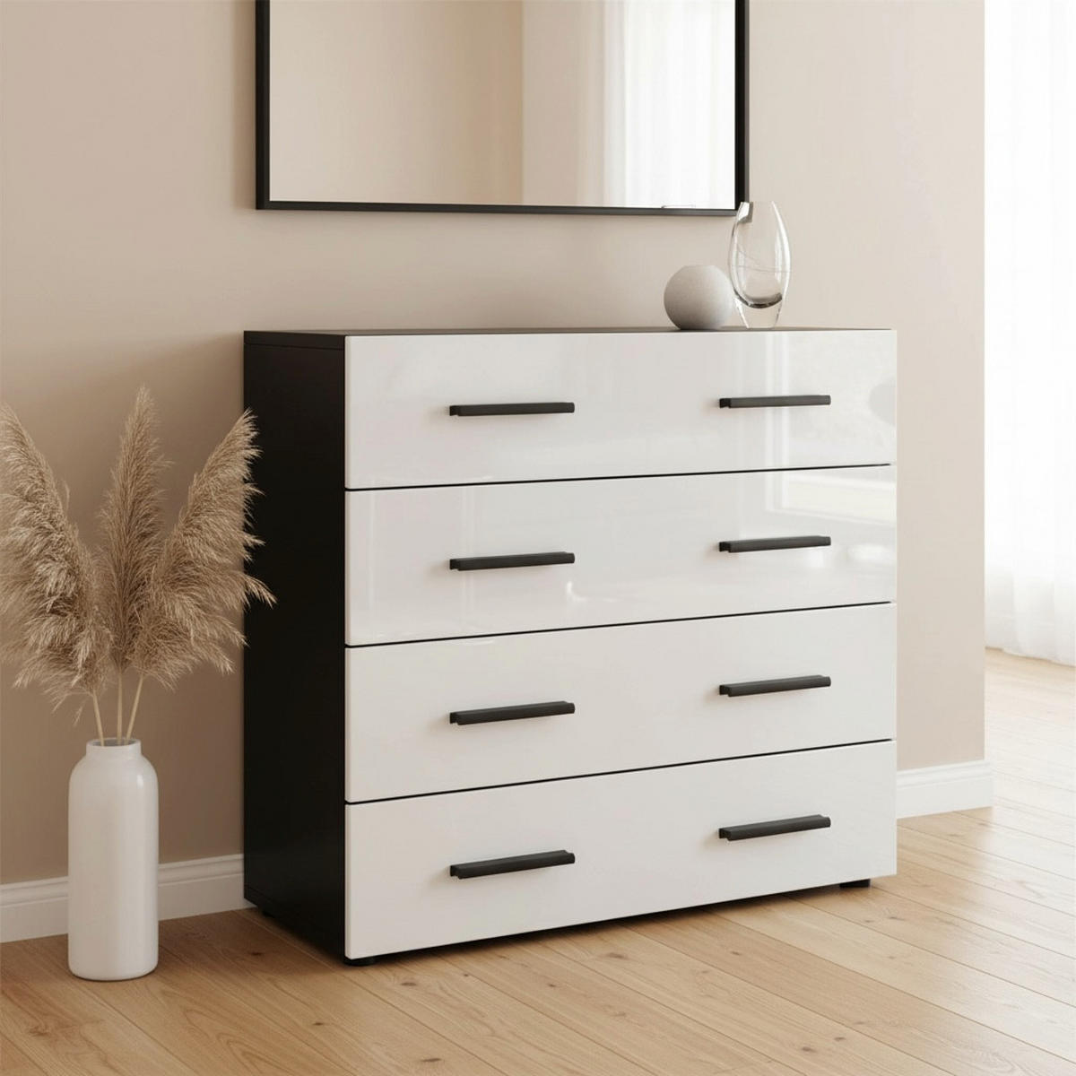 KOMMODE Den, Sideboard mit 4 Schubladen, Made in Germany, Moderner Schrank, Schwarz matt / Weiß Hochglanz (76 x 72 x 35 cm) - Weiß Hochglanz, Holzwerkstoff (76/72/33cm) - InnoFurn