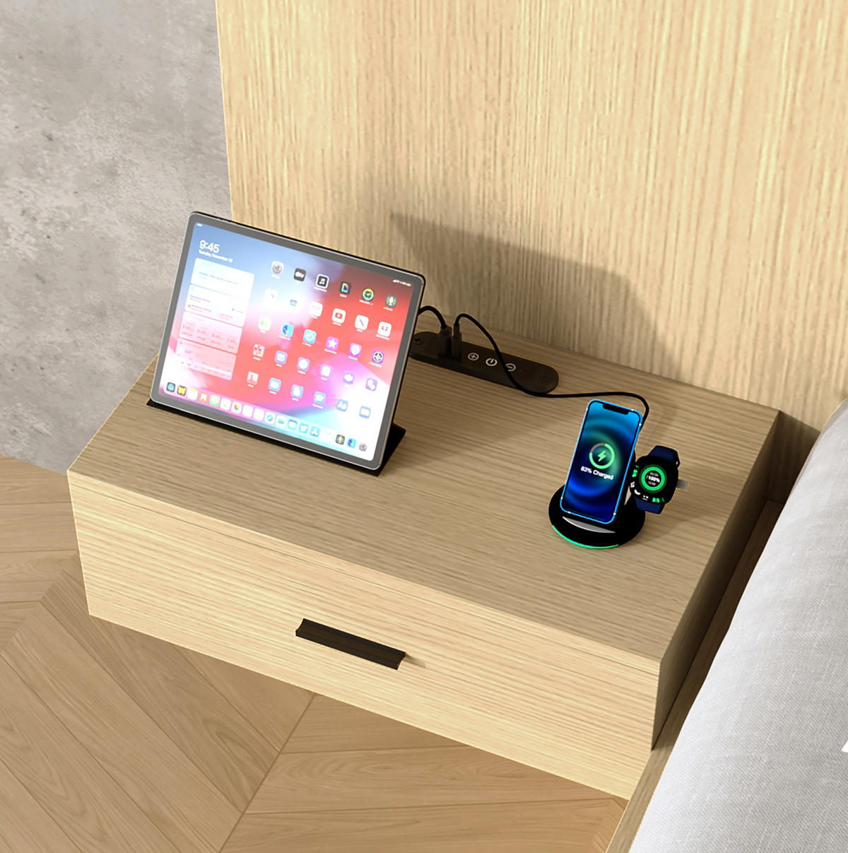DOPPELBETT 180/200 cm mit USB- & Type-C-Anschluss, drehbaren Leselampen, 2 Nachttischen und Stauraum, MDF, Helle Eiche - Eichefarben, Holzwerkstoff (180/200cm) - Redom