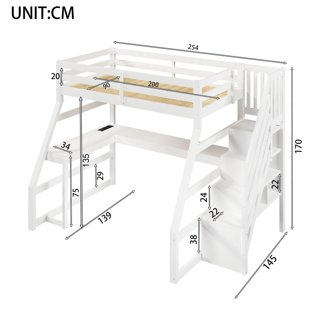 HOCHBETT 90/200 cm in Weiß mit Schreibtisch, LED und Stauraumtreppe - Weiß, Holz/Holzwerkstoff (90/200cm) - WISHDOR