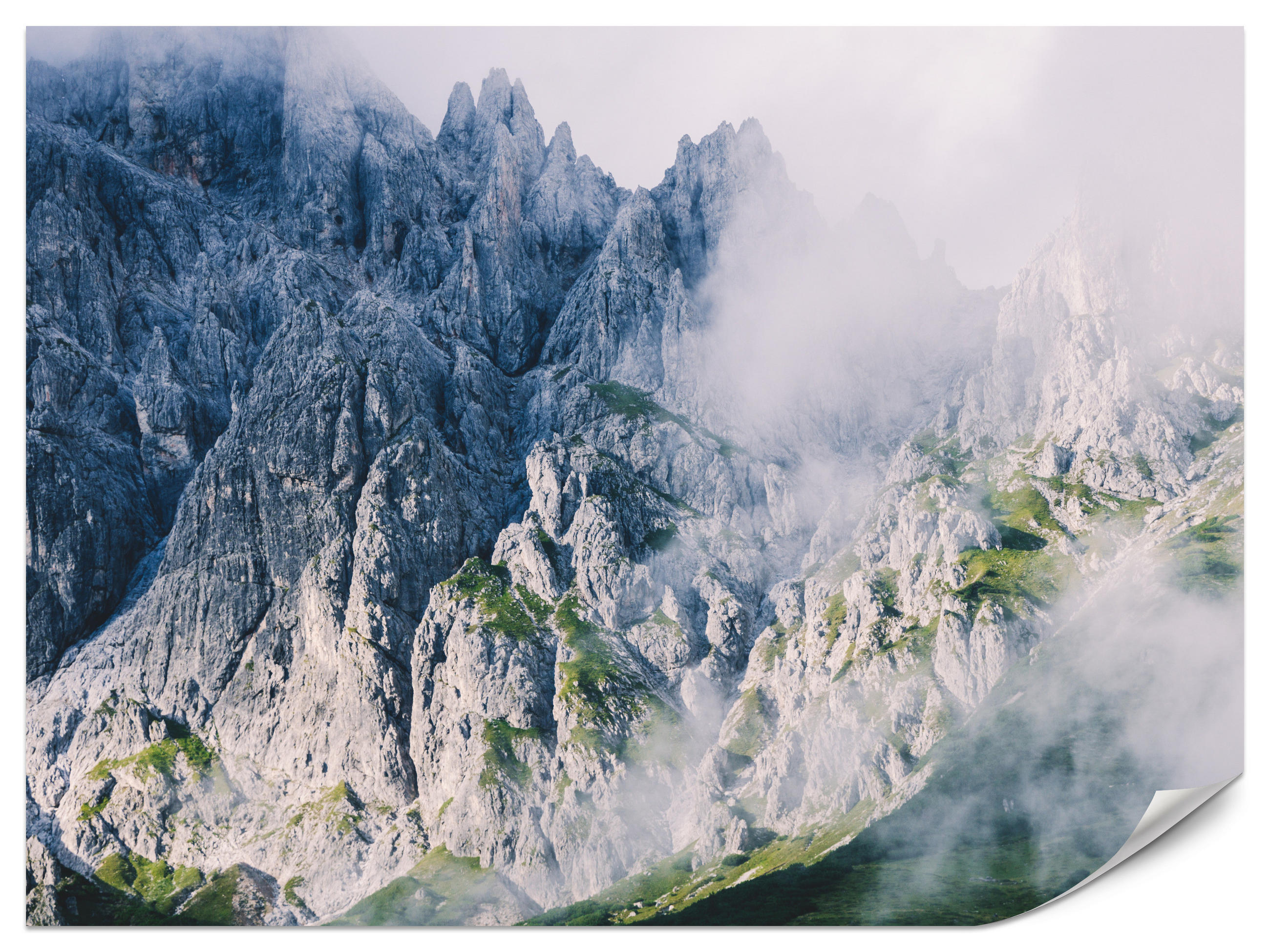 FOTOTAPETE für Wohnzimmer Felsige Berge Nebel Moos 500x350 - Blau/Weiß, Papier (500/350cm) - Muralo