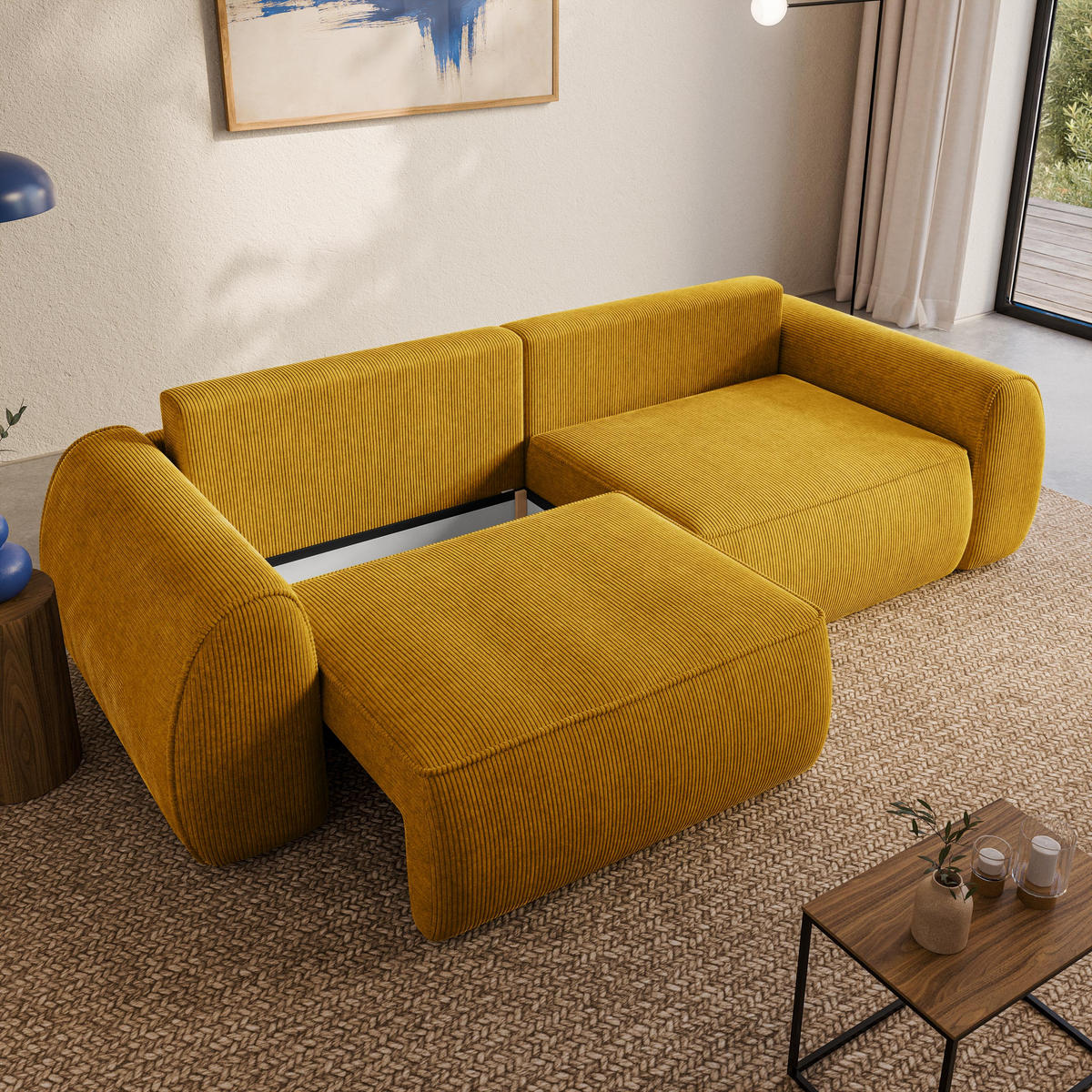 BETTSOFA ZEFEO Gelb Kordstoff mit Schlaffunktion - Gelb, Textil (264/96/106cm) - MASSENO