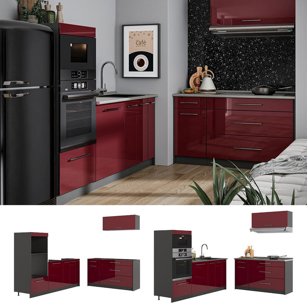 KÜCHENZEILE Fame-Line, Bordeaux Hochglanz/Anthrazit, 340 cm ohne Arbeitsplatte - Bordeaux/Anthrazit, Holzwerkstoff (340/153.6/51.6cm) - Vicco