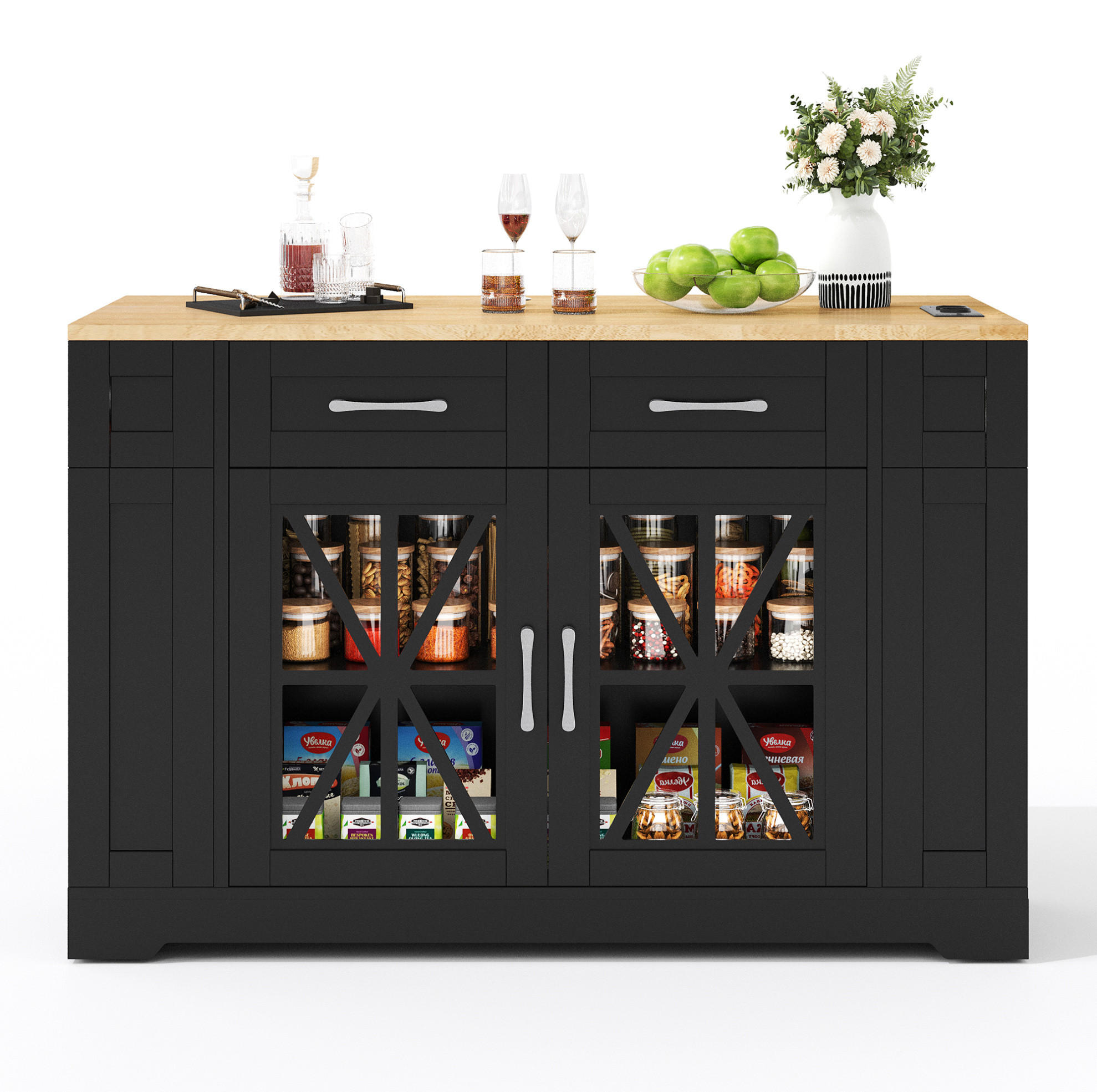 KÜCHENINSEL mit Klapptisch 120 x 40/65 x 92 cm MDF Black/Natural - Schwarz, Holz (65/92/120cm) - Beauniv