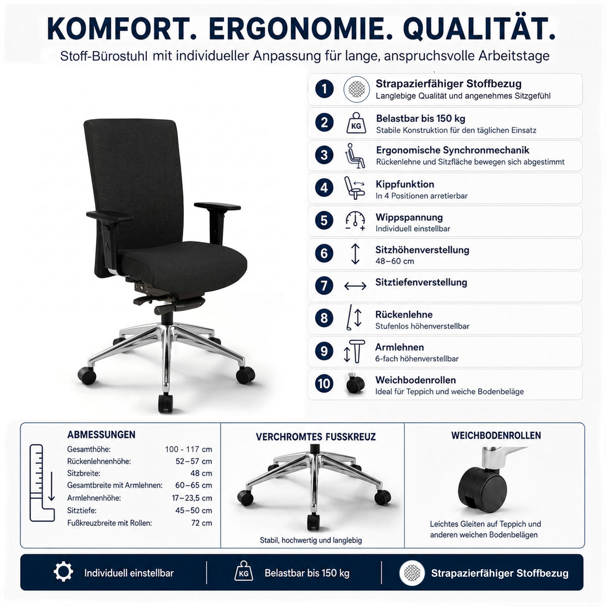 BÜROSTUHL Terox Stoff Schwarz - ergonomisch, 150 kg belastbar, Sitzhöhe 54-66cm - Schwarz, Kunststoff/Textil (65/106/60cm) - Versee