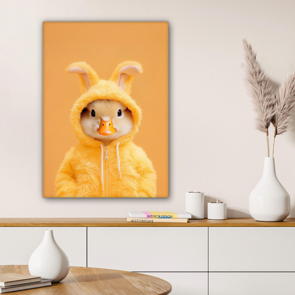 LEINWANDBILD Osterhase - Kostüm - Ente Wandbild Wohnzimmer 60x80 cm - Gelb, Textil (60/80cm) - MuchoWow