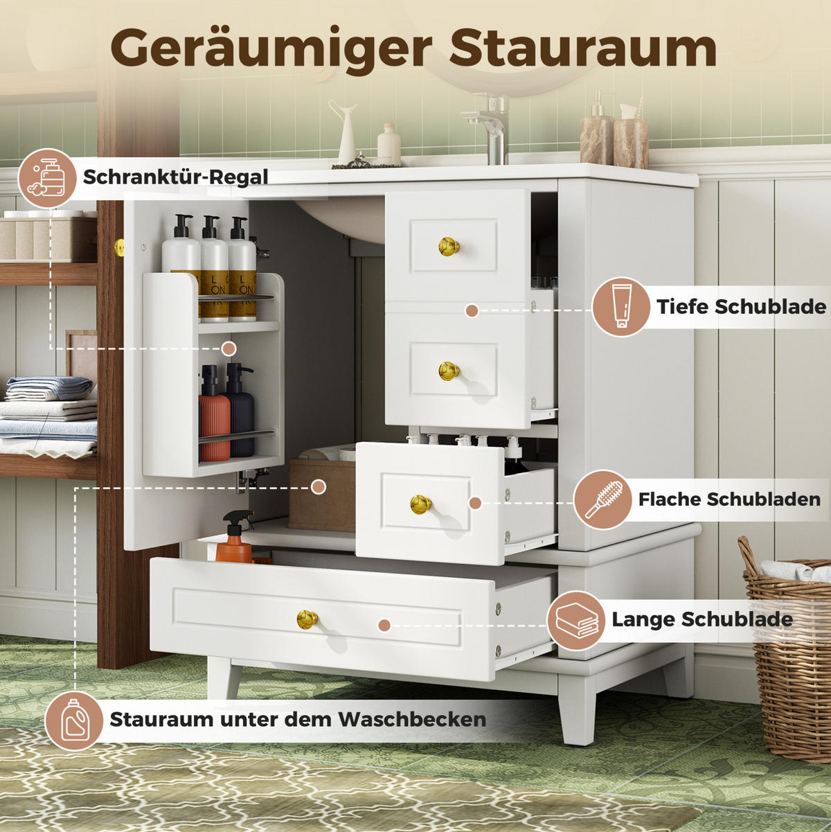 WASCHTISCHUNTERSCHRANK aus MDF und Keramik 61x47x86 cm Weiß mit 3 Schubladen, Soft-Close und Stauraum - Weiß, Keramik (61/86/47cm) - Modfu