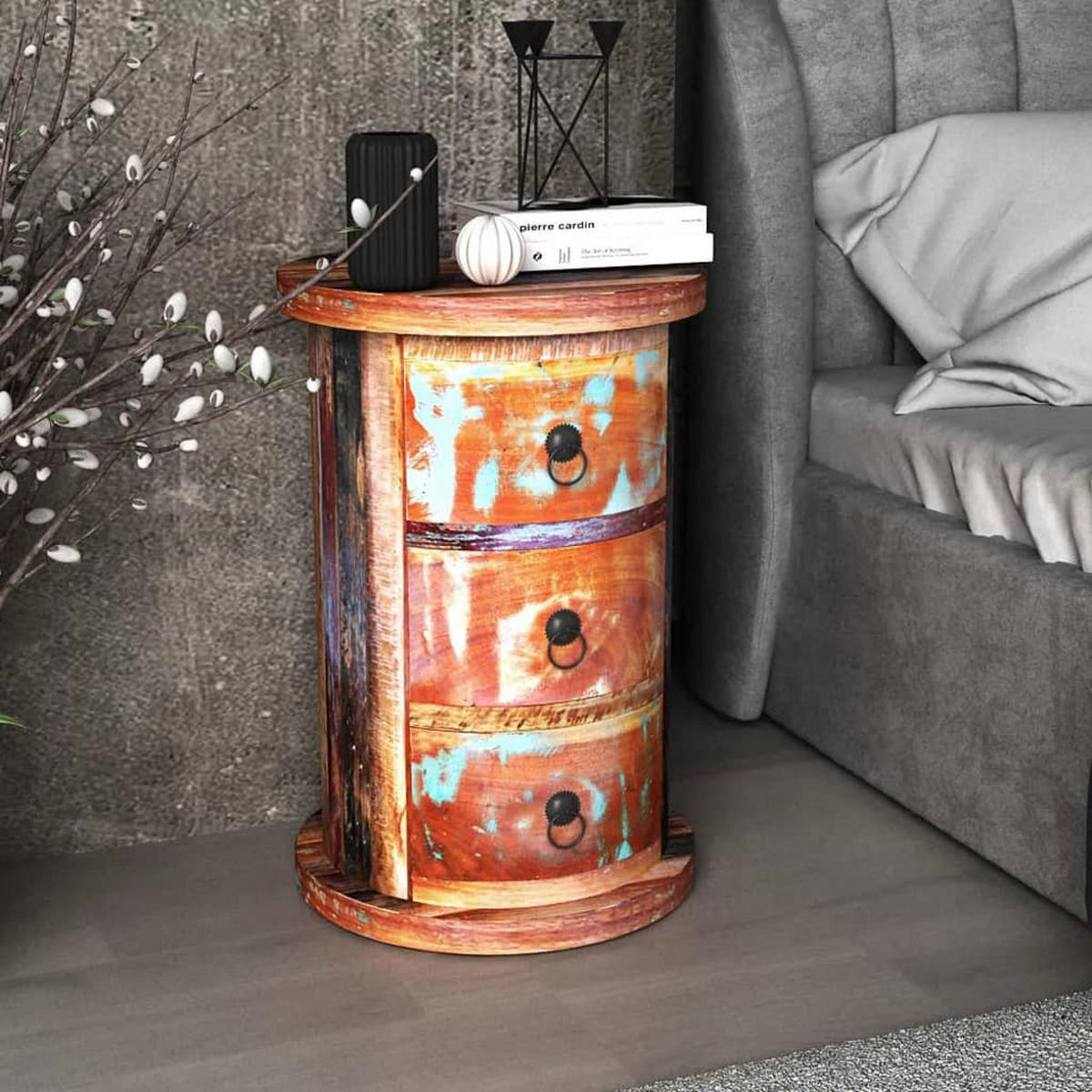 BEISTELLSCHRANK Mit 3 Schubladen Altholz Massiv - Schwarz/Braun, Holz/Metall (30/45/30cm) - vidaXL
