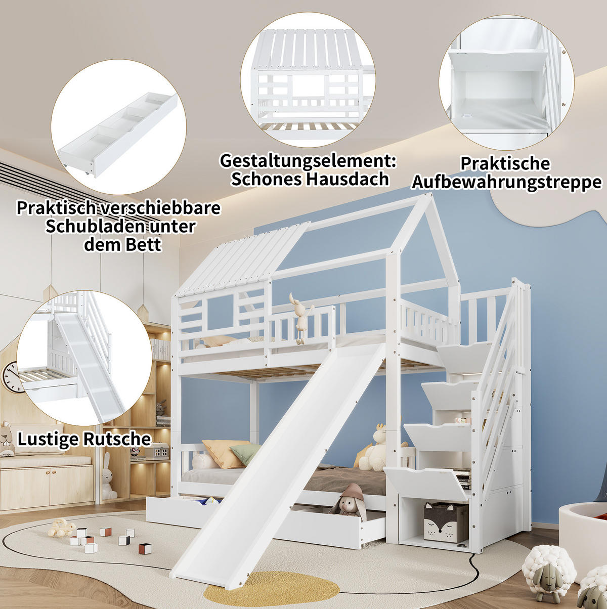 ETAGENBETT 90/200 cm in Weiß mit Treppe, Rutsche und Stauraum - Weiß, Holzwerkstoff (90/200cm) - OKMYHOME