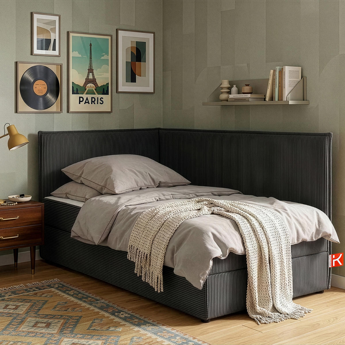 JUGENDBETT ROTI Einzelbett mit Bettkasten, 90x200cm, Bett mit Bonellmatratze, mit Rückenlehne - Dunkelgrau/Schwarz, Holz/Holzwerkstoff (92/200cm) - KONSIMO®