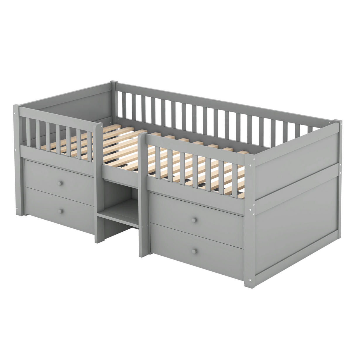 HALBHOHES BETT 90x200cm Grau Kiefer 4 Schubladen Geländer Leiter - Grau, Holz (90/200cm) - FLIEKS