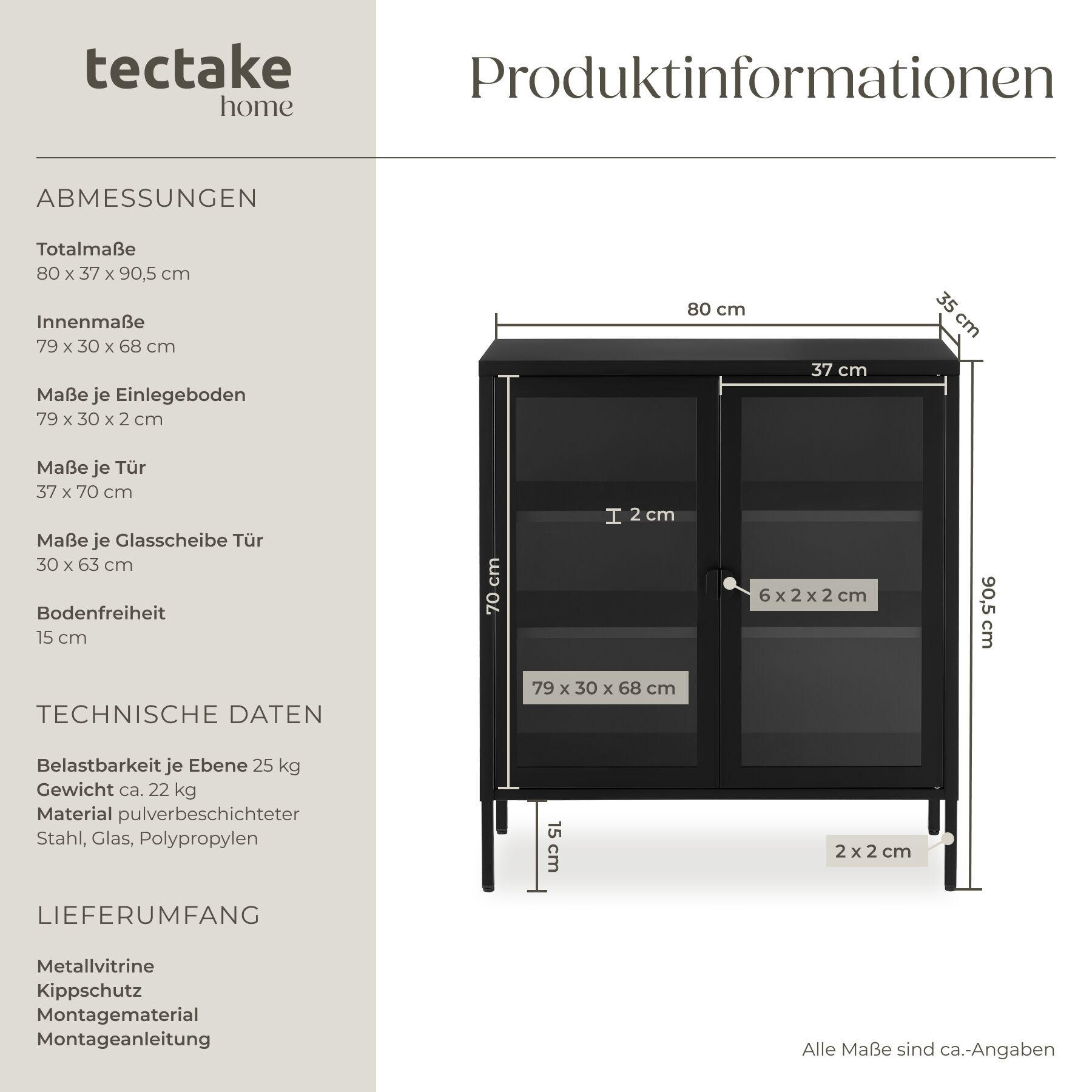 METALLVITRINE Baker, Kippschutz, höhenverstellbare Füße, schwarz - Schwarz, Metall (80/90.5/37cm) - tectake