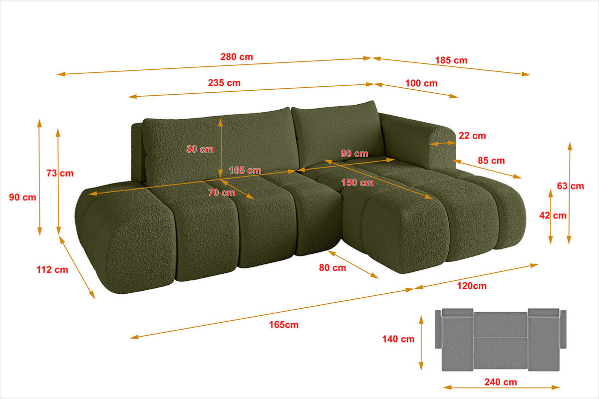 ECKSOFA Ottomane Rechts CLOUD-L 280x185x90 Grün Bouclé - Grün, Holzwerkstoff/Kunststoff (185/280cm) - ALTDECOR