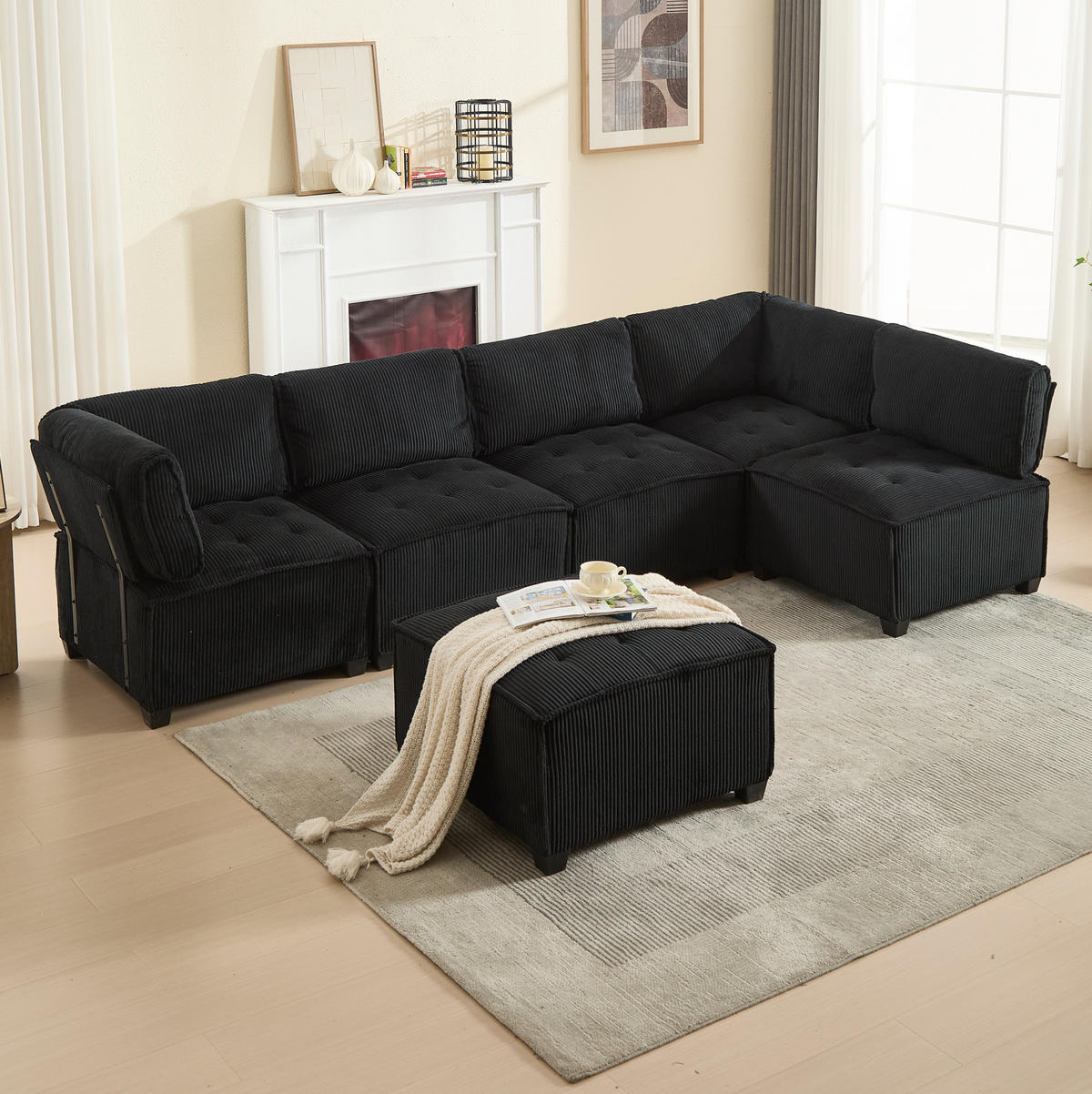 WOHNLANDSCHAFT Cord mit Seitentaschen 308/154/82 cm Schwarz - Schwarz, Kunststoff/Textil (154/82/308cm) - Redom