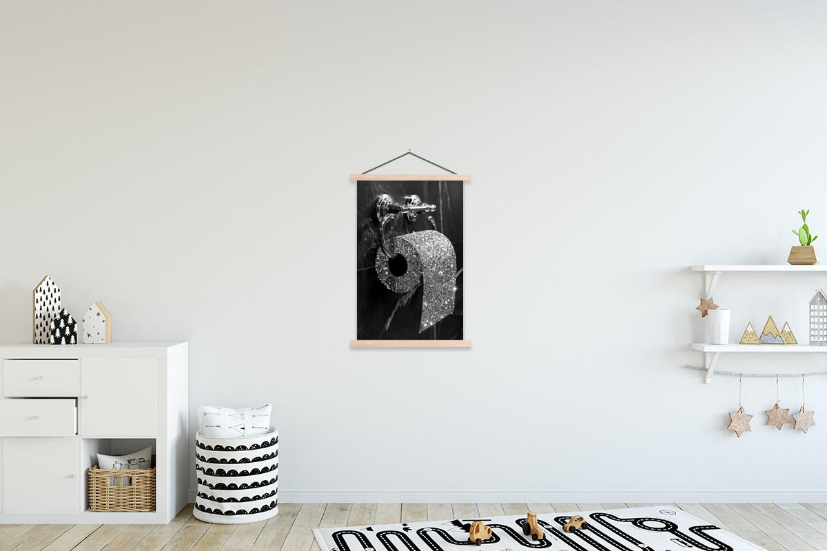 POSTER WC - Toilettenpapier - Schwarz und weiß - Glitter 60x90 cm - Silberfarben, Textil (60/90/0.15cm) - MuchoWow