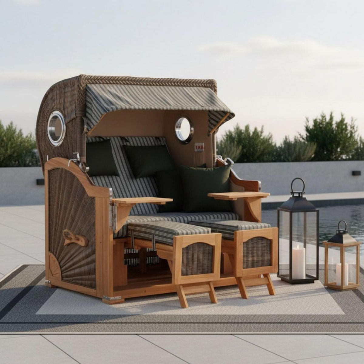 STRANDKORB Düne 2 Sitzer Teak PE Grey - Braun/Grün, Holz/Metall (125/170/80cm) - Mr. Deko