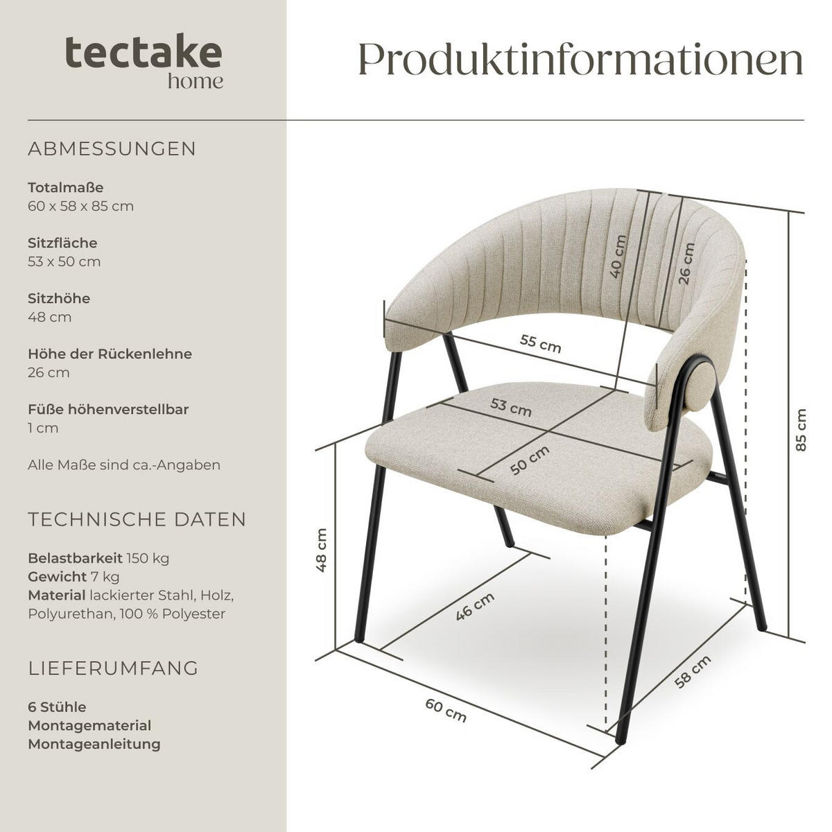 ARMLEHNENSTUHL 6er Set Bedano 60 x 58 x 85 cm greige - Greige, Kunststoff (60/85/58cm) - tectake
