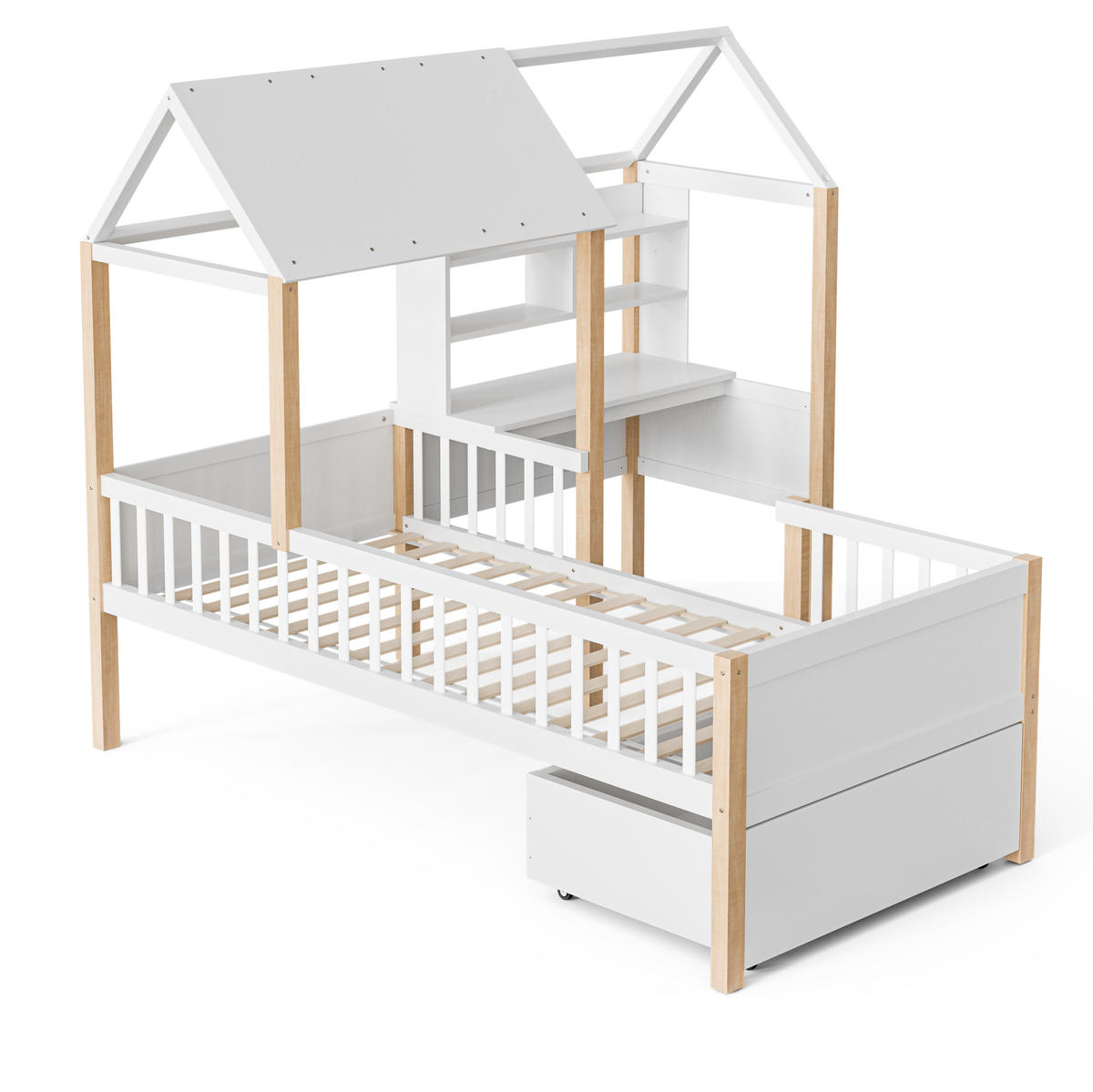 HAUSBETT 90/200 cm in Weiß mit Schreibtisch, Regal und Stauraum - Weiß, Holz (90/200cm) - Flora Grace