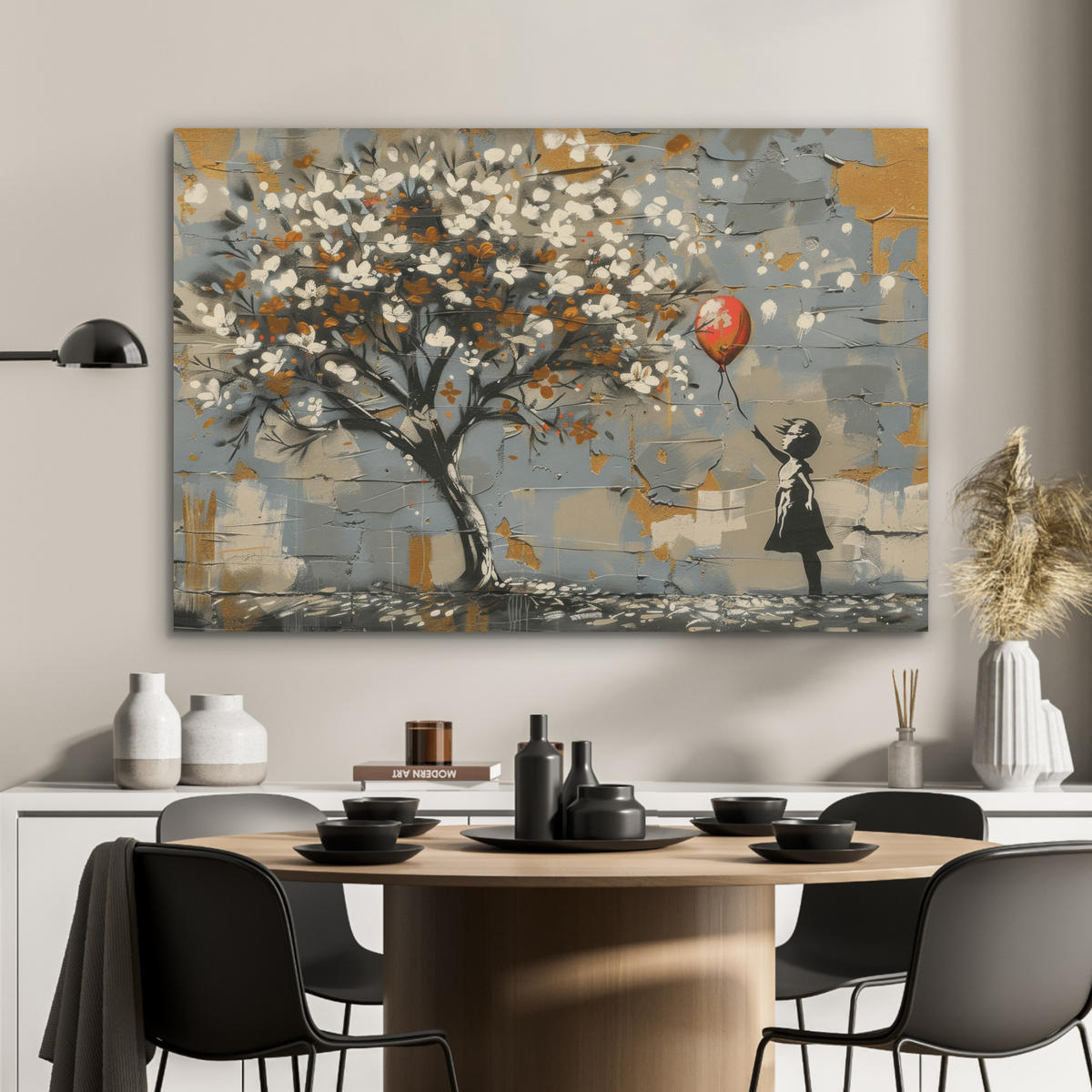 AKUSTIKBILD Baum - Graffiti - Banksy-Stil - Ballon-Mädchen Akustikpaneele 90x60 cm - Blaugrau, Kunststoff (90/60/0.9cm) - MuchoWow