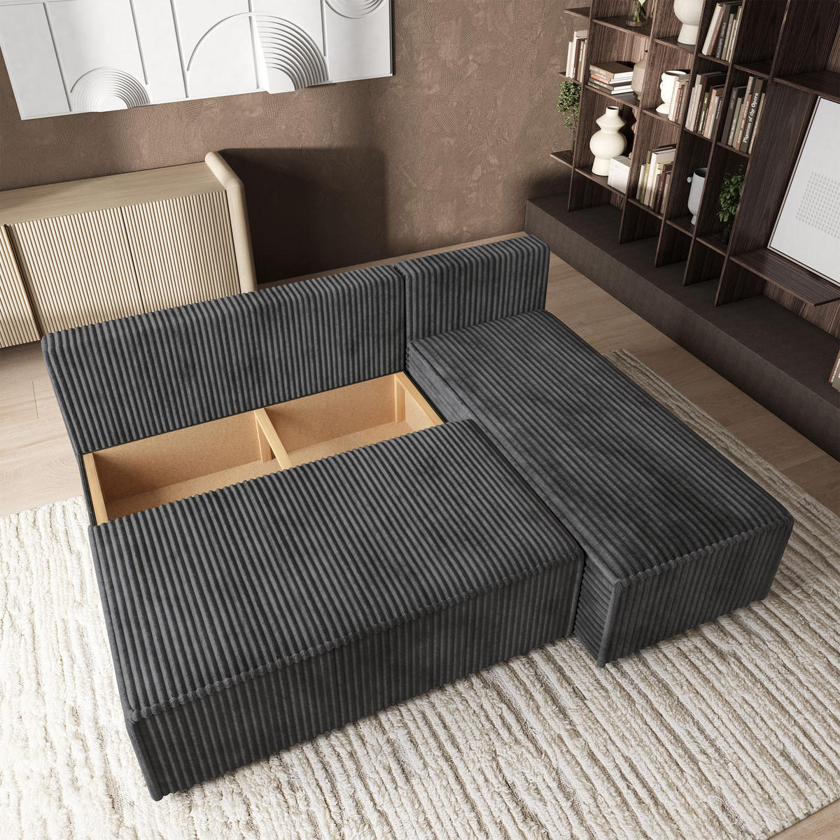 ROHOVÁ SEDAČKA BRISO grafitová - šedá/grafitová, dřevo/textil (200/140cm) - MASSENO