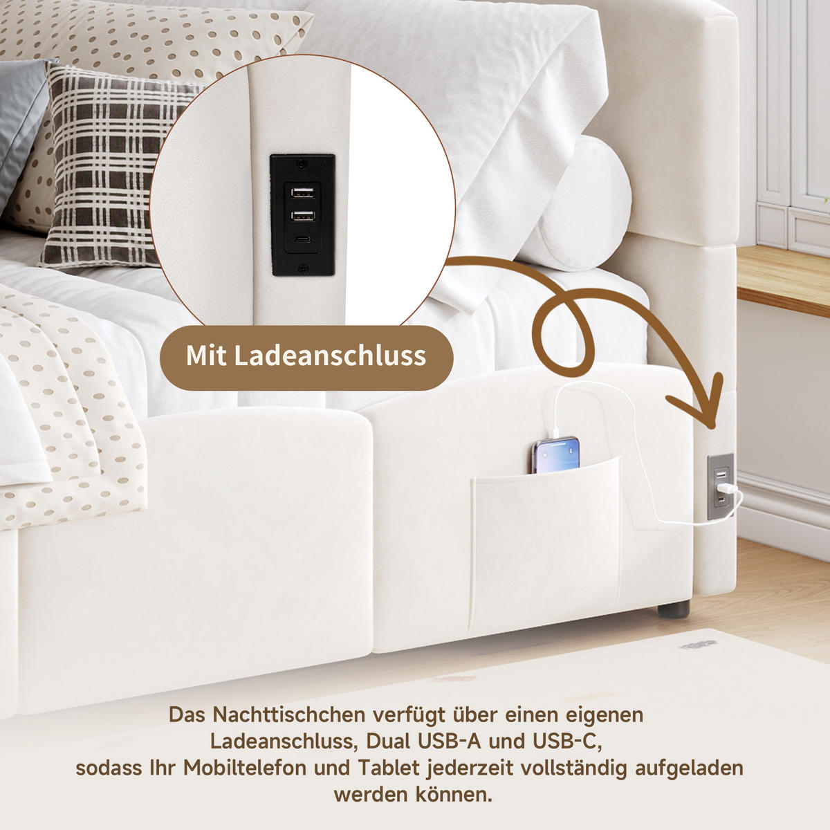KINDERBETT Beige Samt 140x200 USB Stauraum Lattenrost - Beige, Textil (140/200cm) - FLIEKS