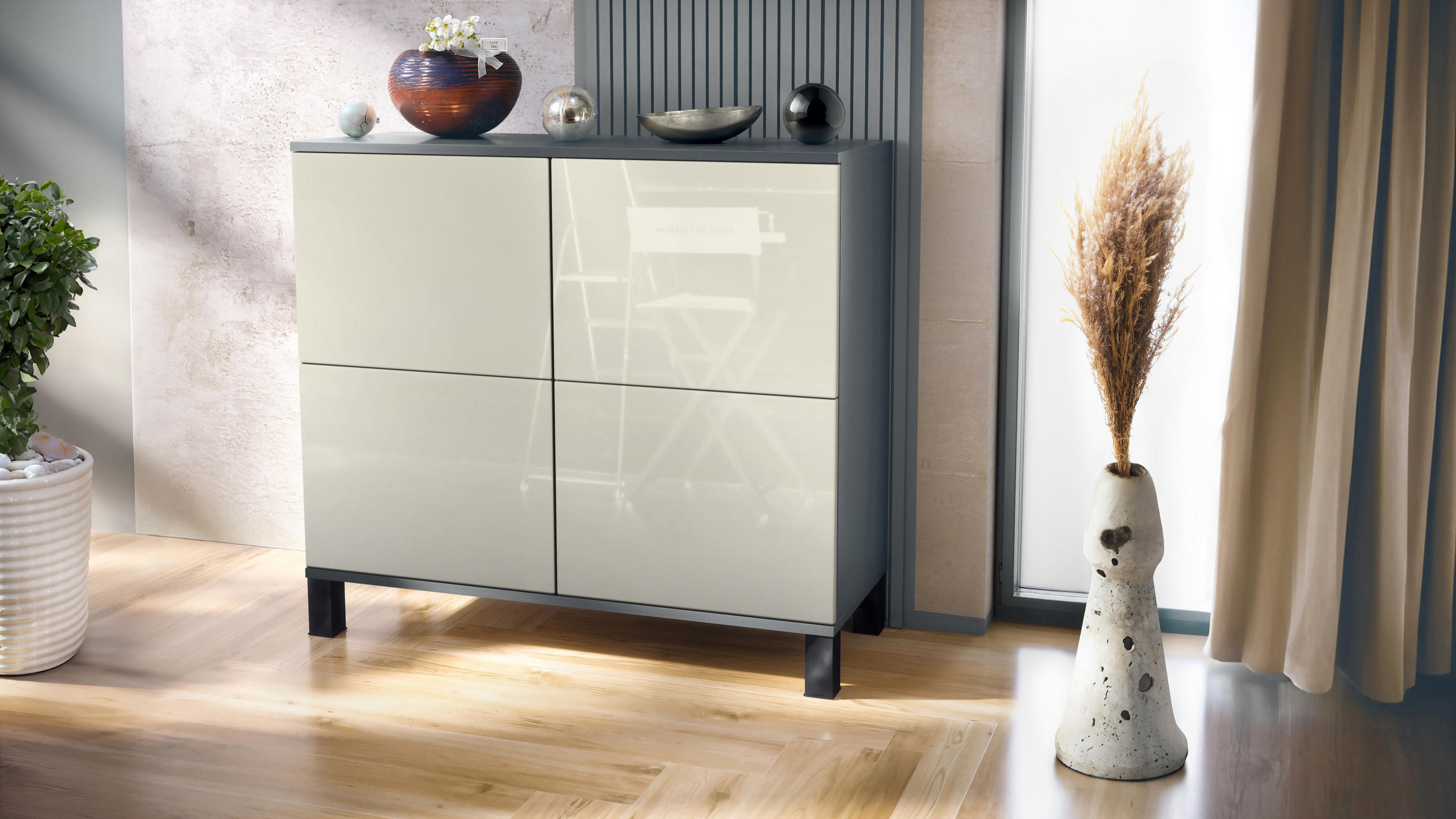 KOMMODE Rova Creme Hochglanz - Creme, Holzwerkstoff (92.5/84.5/35cm) - Vladon