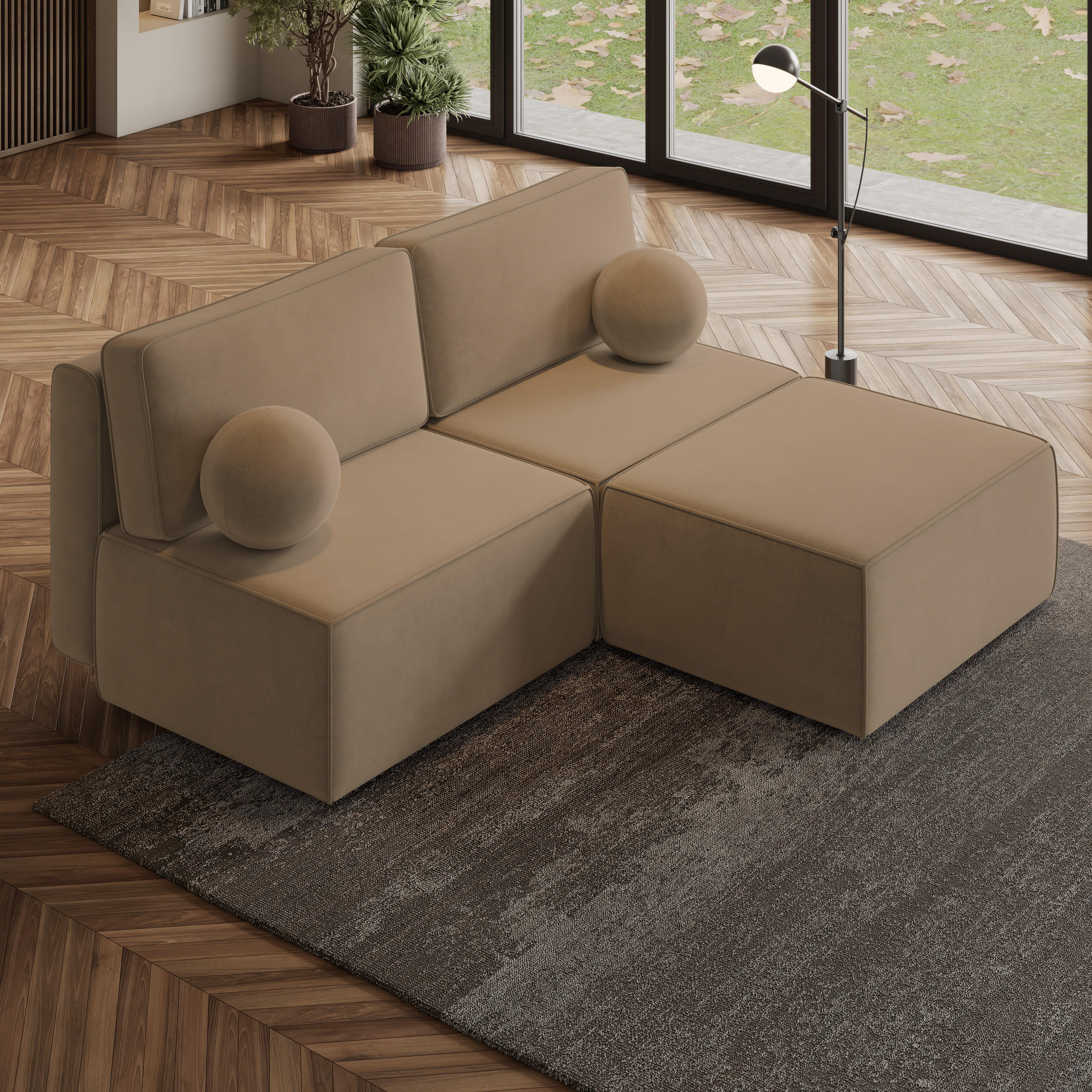 ECKSOFA VARNA M Beige Velours-Stoff mit Schlaffunktion - Beige, Holz (196/158cm) - MASSENO