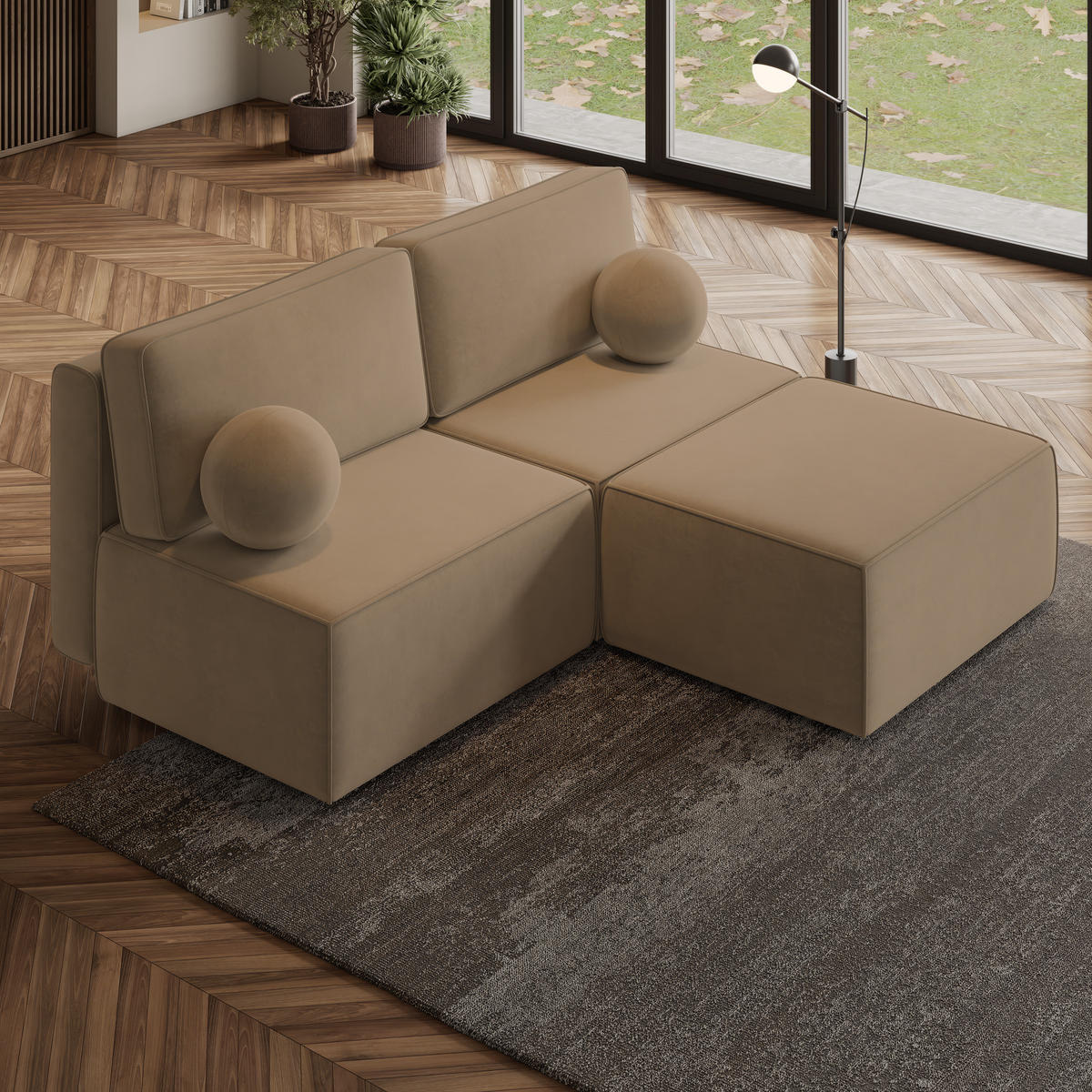 ECKSOFA VARNA M Beige Velours-Stoff mit Schlaffunktion - Beige, Holz (196/158cm) - MASSENO