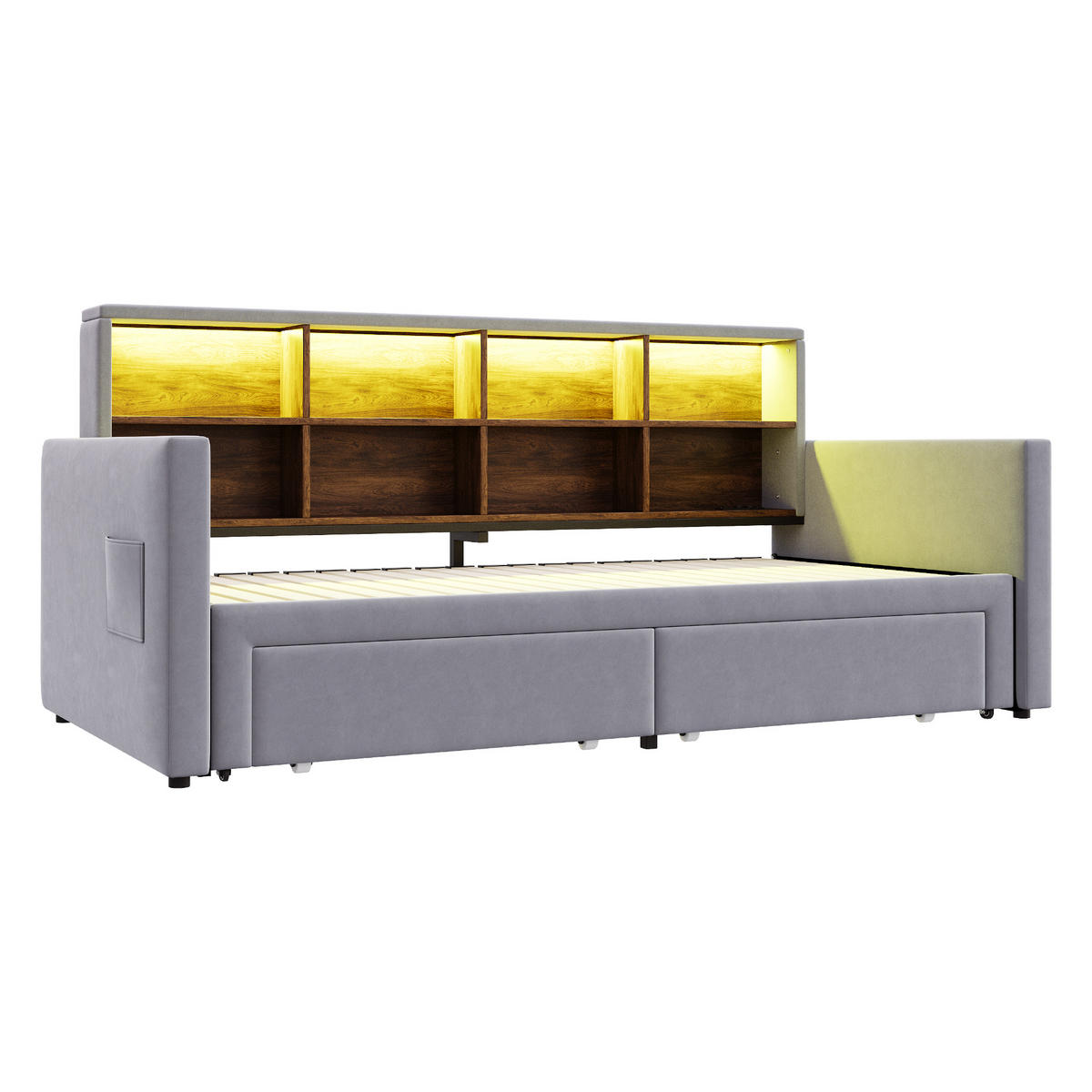 AUSZIEHBETT 90/180/190 cm DE-02121, in Hellgrau, mit LED, Staufächern und 2 Schubladen - Hellgrau, Metall (90/190cm) - ComfortXL